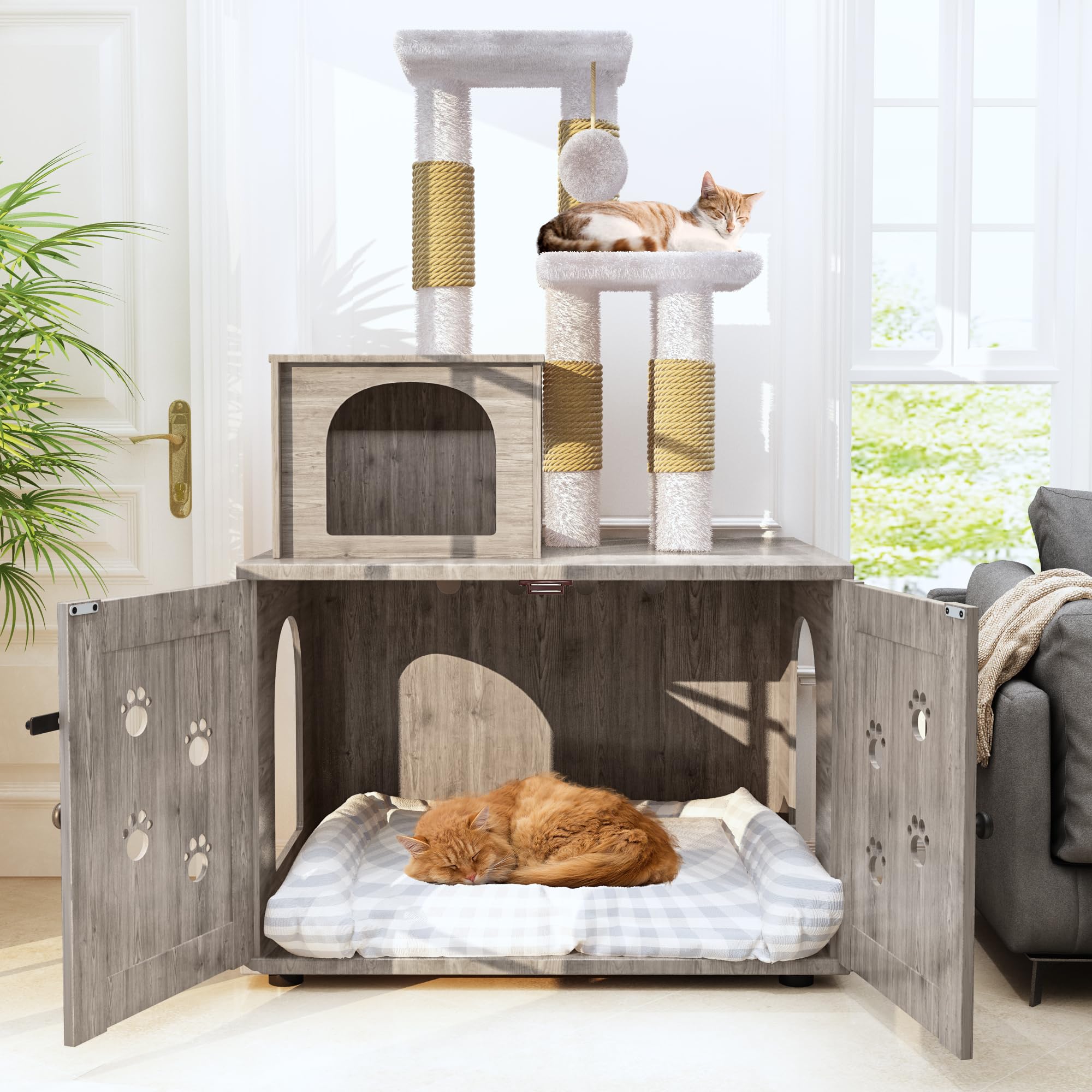 Recaceik Wooden Cat Litter Box Enclosure with Cat Tree & Scratching Post - Hidden Cat Washroom Furniture with Divider, Soft Plush Perch & Platform - Indoor Pet Cabinet for Small Spaces (Gray) - Perfect for Apartments & Multi-Cat Homes