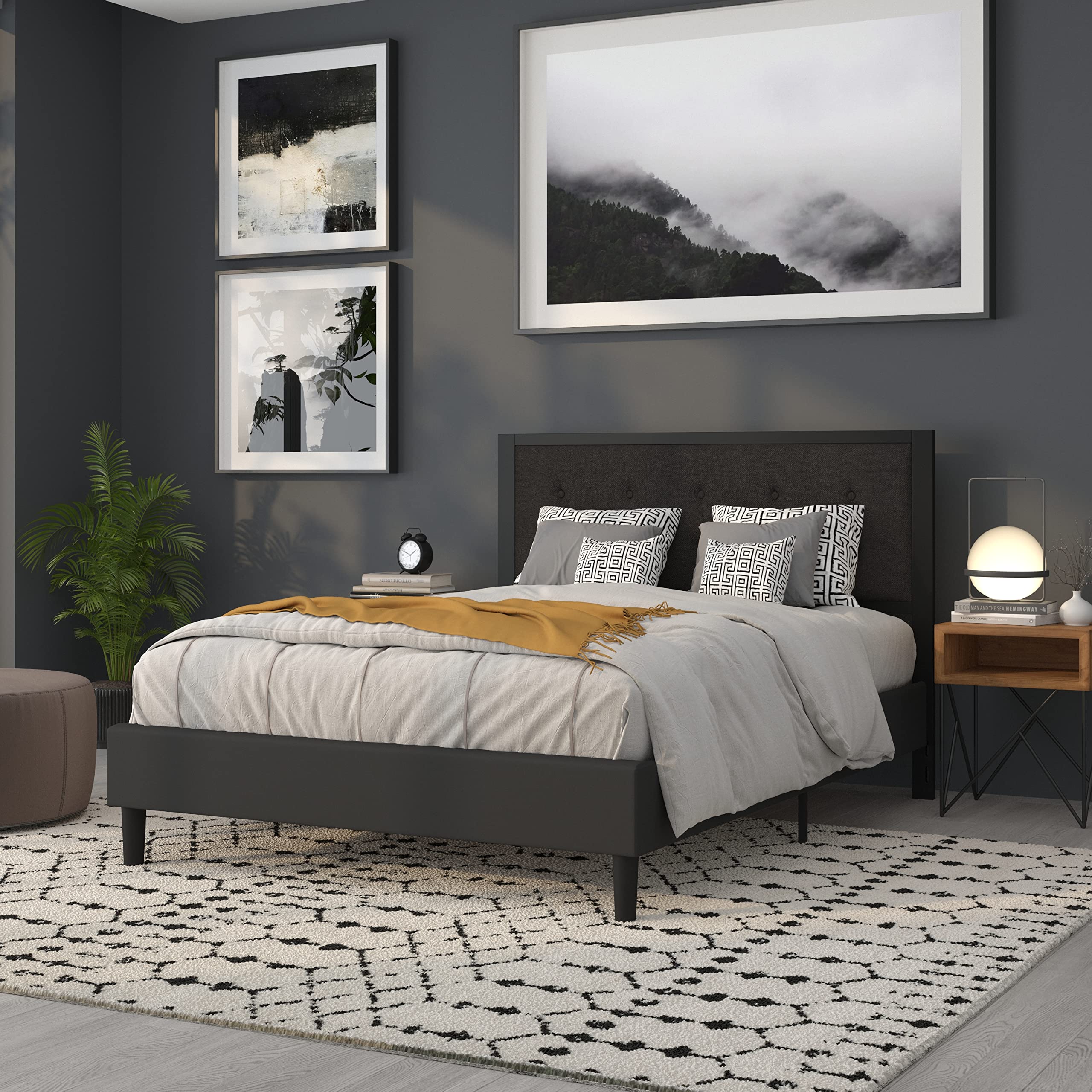 Flash Furniture Bristol Metal Tufted Upholstered Queen Size Headboard - Black Fabric for Bedroom, Guest Room & Master Suite Decor