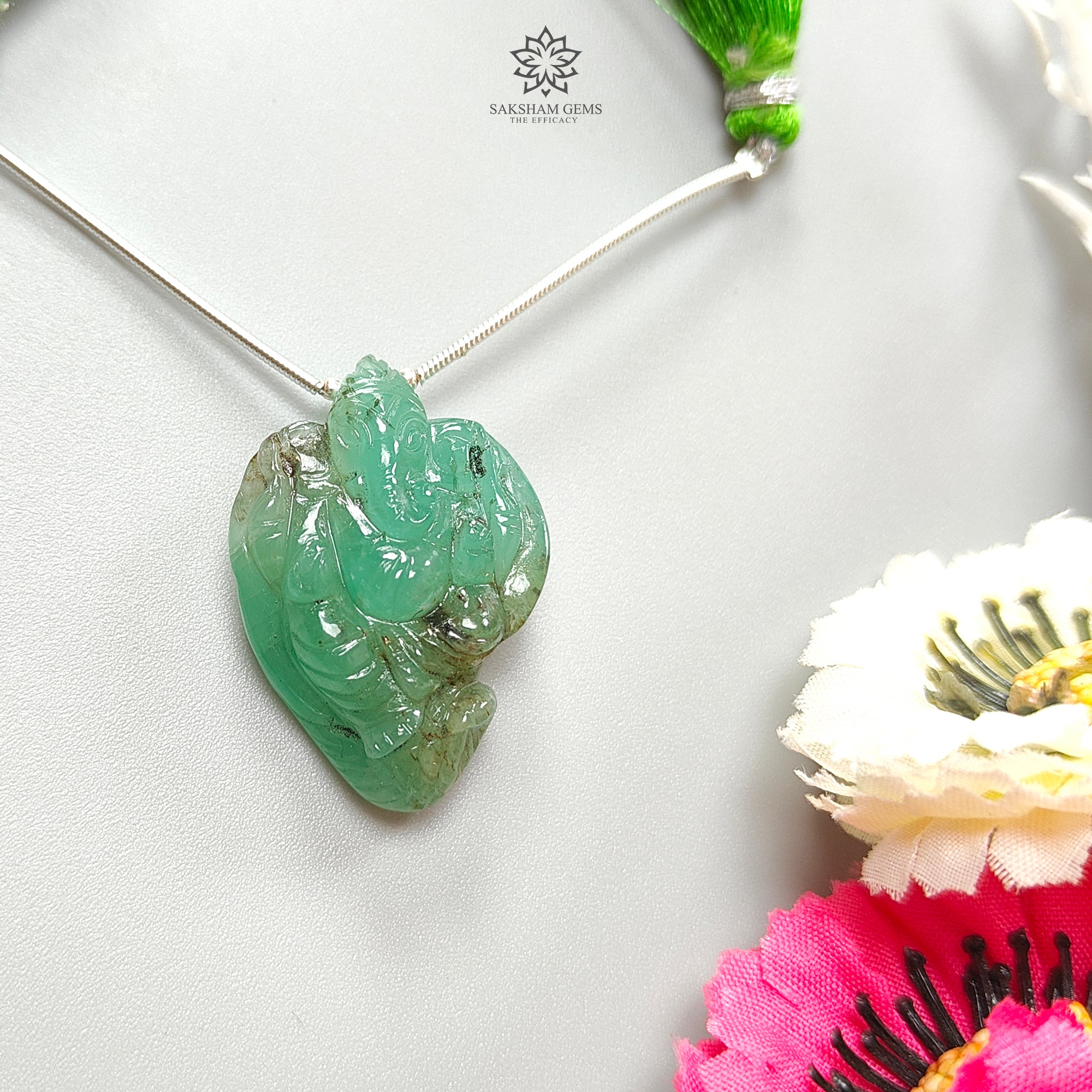 Natural Green Emerald Gemstone Carving Loose Beads - 47.80cts Untreated May Birthstone, Lord Ganesha Idol Beads (33x23mm, 1pc) for Jewelry Making, Meditation & Spiritual Healing