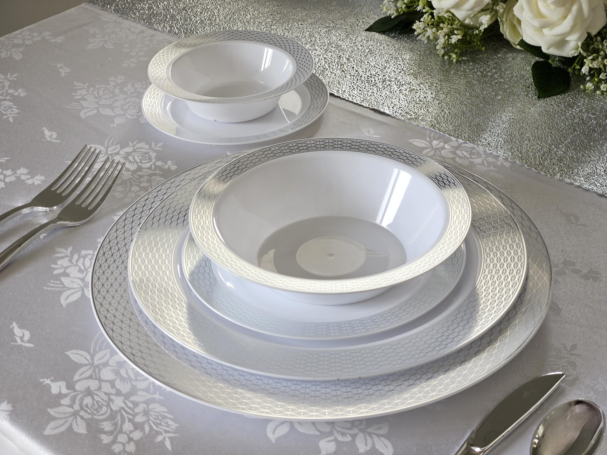60-Piece Heavyweight Disposable Plastic Bowls Set - 6oz Diamond White & Silver Dessert Bowls for Wedding, Party, Baby Shower & Special Occasions - Elegant & Durable Disposable Tableware