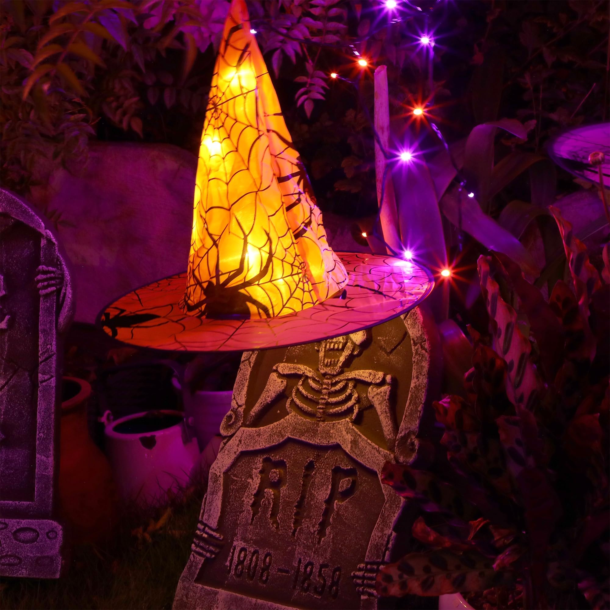 8 Pcs Halloween Witch Hat Decorations - Hanging Lighted Glowing Witch Hats with 8 Lighting Modes | Indoor Outdoor Yard & Tree Decor for Halloween Party, Home, Garden, and Porch