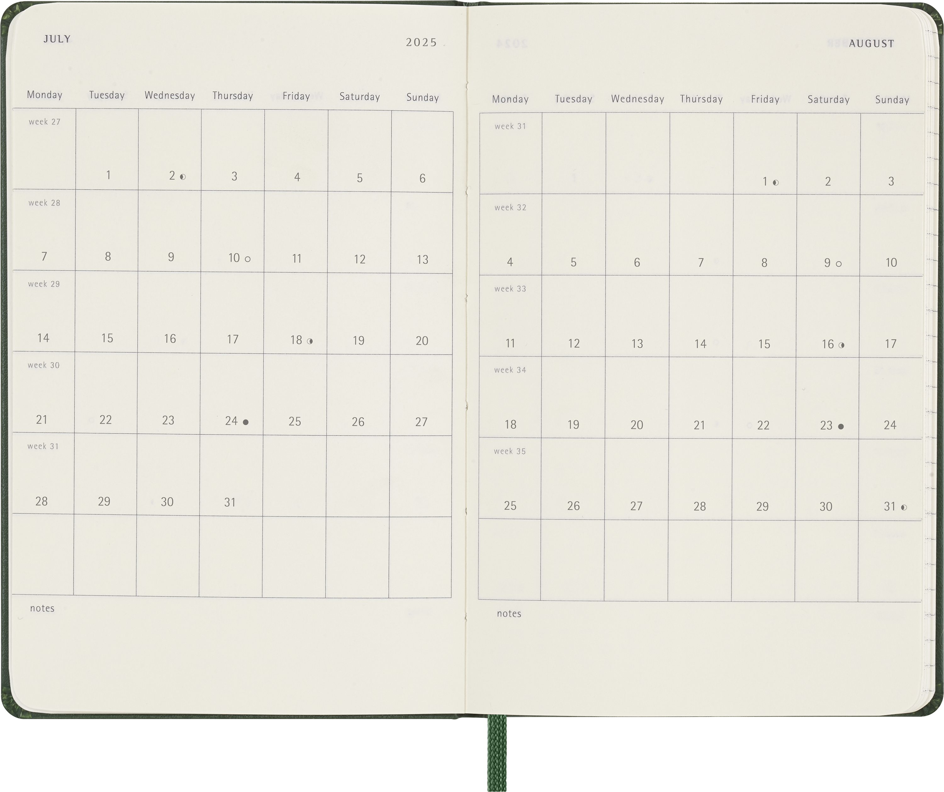 2025 Moleskine Pocket Diary - 90mm x 140mm Hard Cover, Day Per Page Planner, Myrtle Green - Perfect for Daily Journaling, Note Taking & On-the-Go Organization