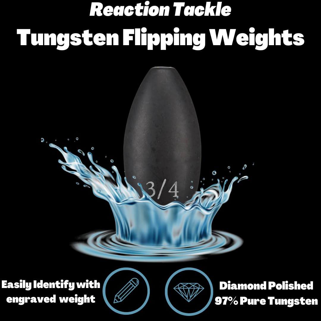 Reaction Tackle Tungsten Flipping Weights for Bass Fishing - Heavy Duty Punching Sinkers for Texas & Carolina Rigs - Freshwater & Saltwater Use - Size Stamped Weights - Perfect for Heavy Cover Fishing & Flipping Techniques