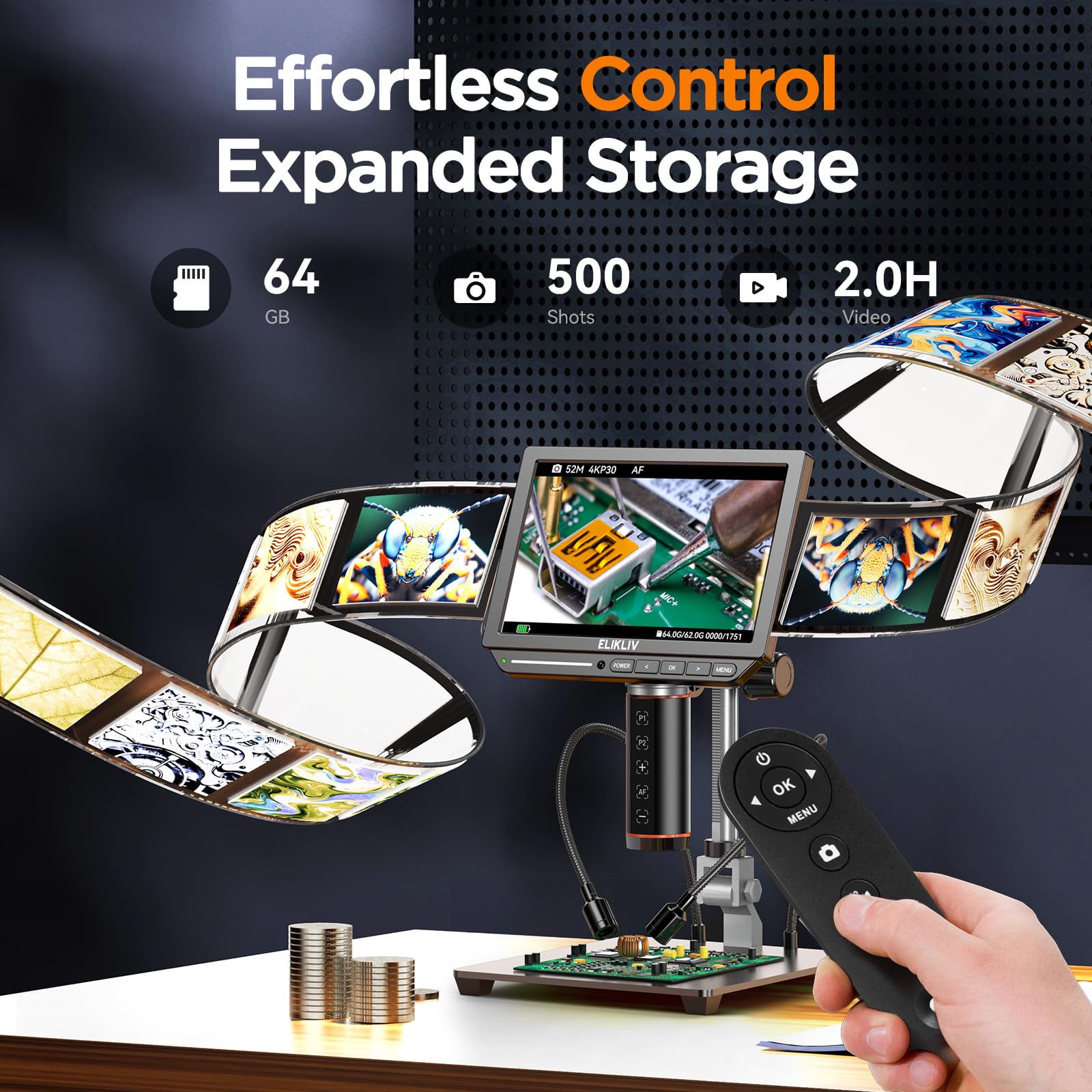 Elikliv 4K Digital Autofocus Microscope EM4K-AF - 8 Inch Coin Microscope with 52MP Camera, HDMI Video Output, 10 Inch Adjustable Stand & 64GB Storage - Perfect for Coin Collecting, Jewelry Inspection & PCB Repair