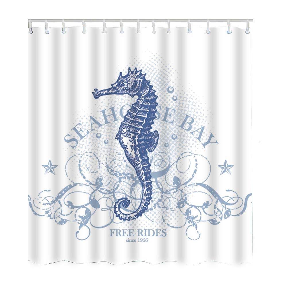 Vintage Ocean Seahorse Star Flower Foliage Wave Bathroom Shower Curtain Set - Waterproof Polyester Fabric with Hooks 60x72 Inch - Perfect for Coastal, Beach, Nautical Themed Bathroom Decor