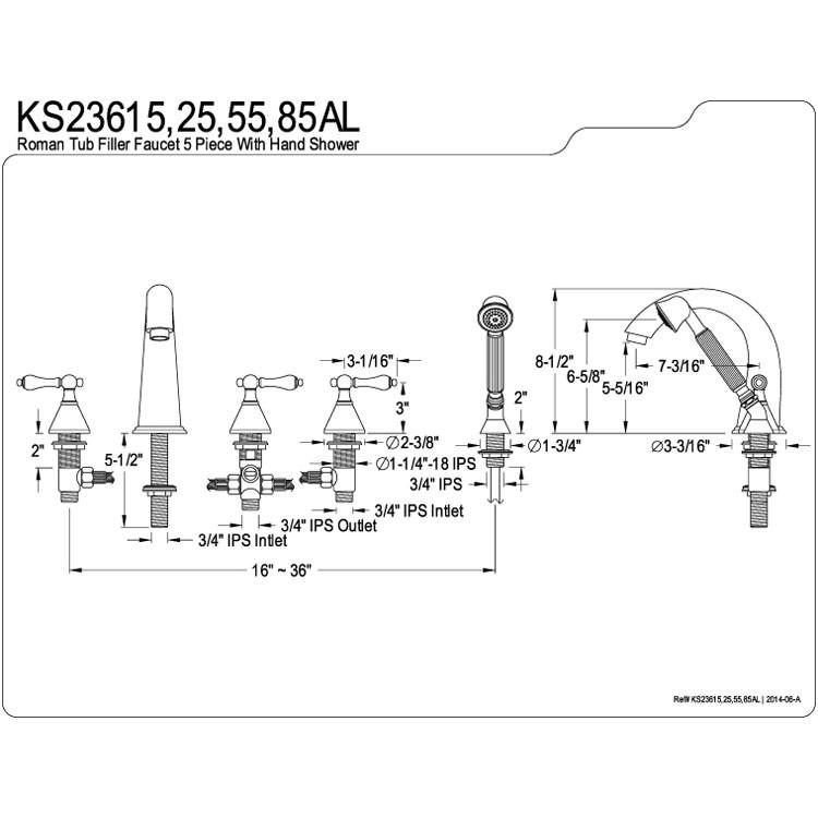 KS23615AL Chrome Roman Three Handle Roman Tub Filler Faucet with Hand Shower - Luxurious Bathroom Fixture for Spa-Like Experience | Perfect for Freestanding Tubs & Whirlpool Baths