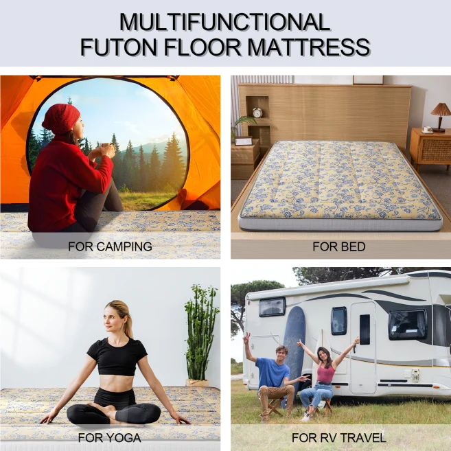 MAXYOYO Padded Japanese Floor Mattress - Floral Printed Futon Mattress & Folding Sleeping Pad for Guest Bed, Camping, Yoga & Meditation | Comfortable Floor Cushion for Small Spaces