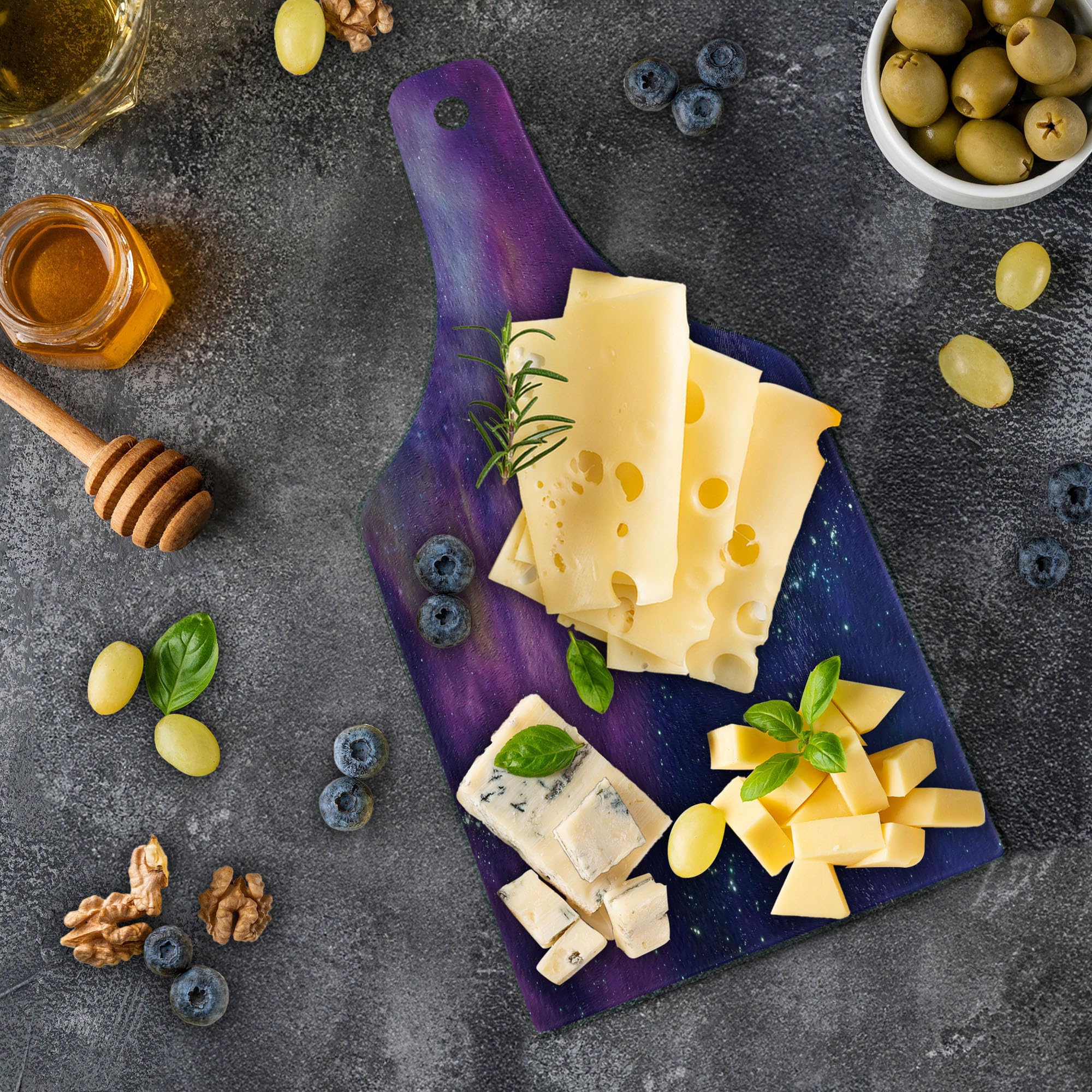 Ambesonne Outer Space Themed Tempered Glass Cutting Board - Milky Way & Star Clusters Design, Wine Bottle Shape in Purple Blue - Perfect for Kitchen Prep, Charcuterie Serving & Home Decor