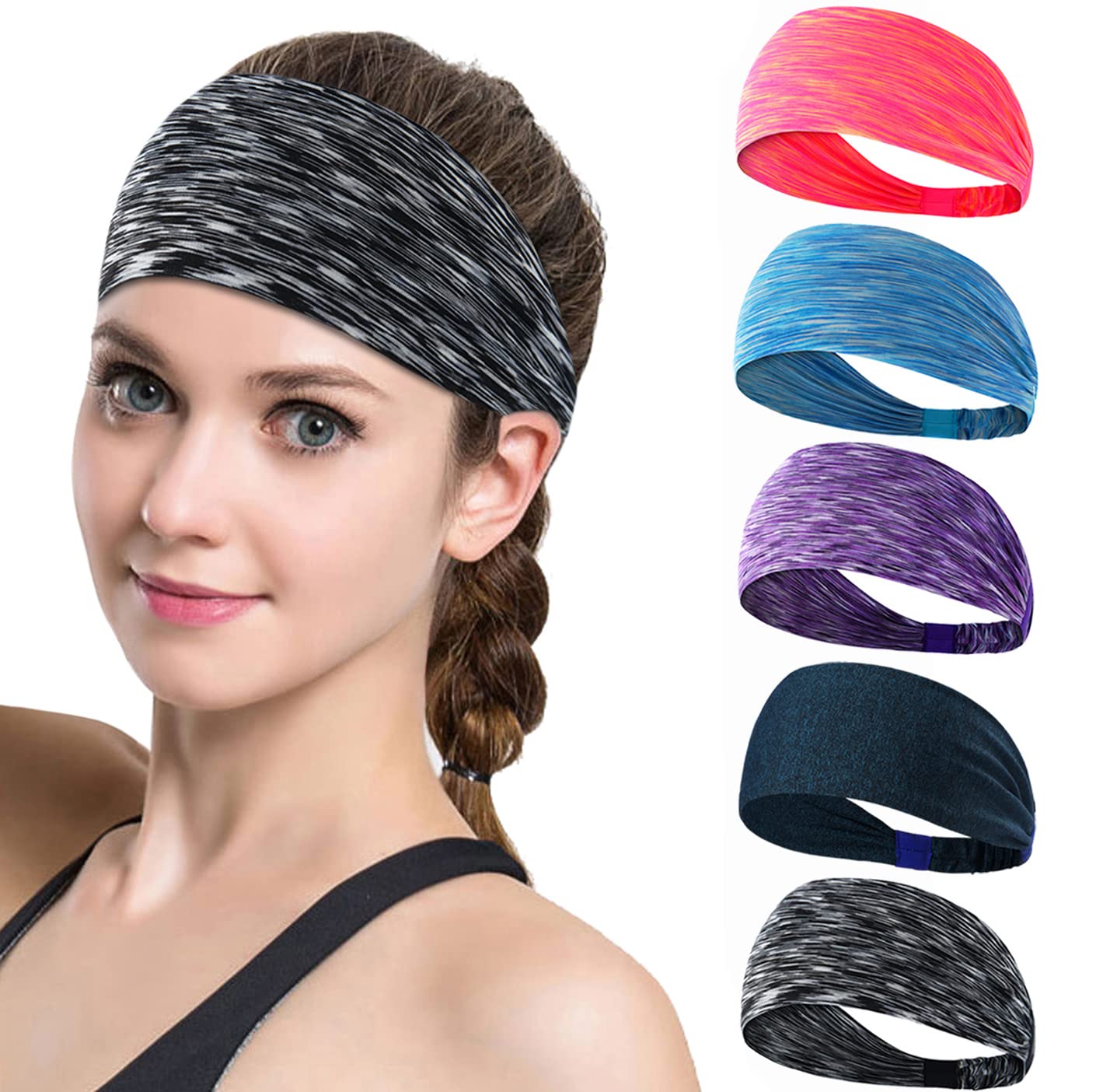 Elastic Workout Headbands for Women & Men - Wide Sweatband for Yoga, Gym, Running, Tennis & Cycling - Moisture Wicking Sports Headband - Perfect for Fitness, Exercise & Travel