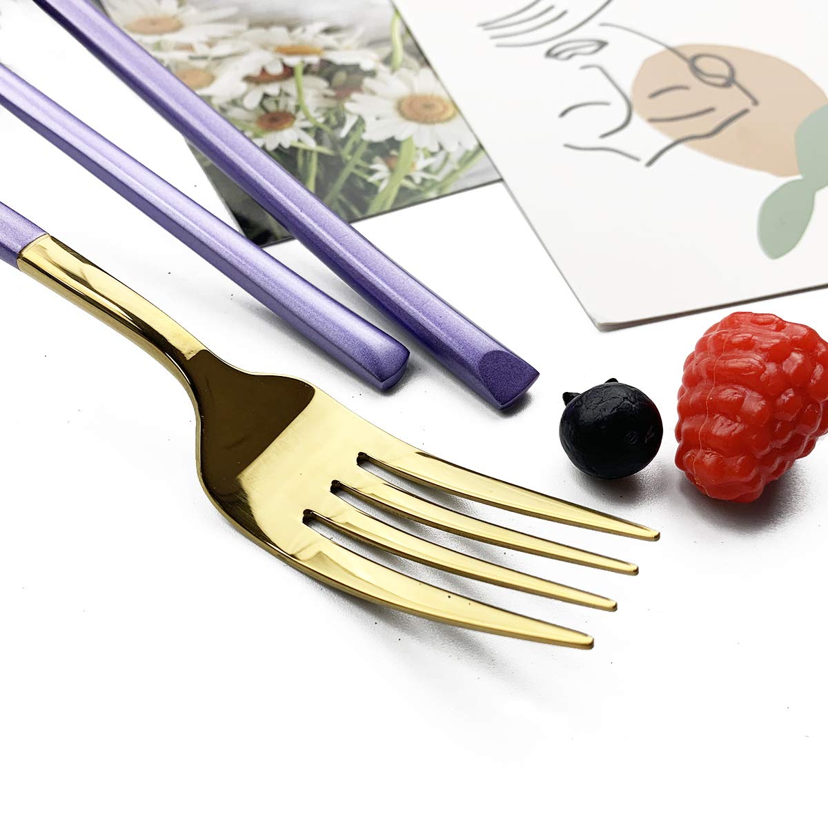 JASHII 5-Piece Modern Silverware Set - 18/10 Stainless Steel Elegant Flatware with Square Edge - Mirror Polished & Dishwasher Safe (Purple Gold) - Perfect for Dining, Gifts & Kitchen Essentials