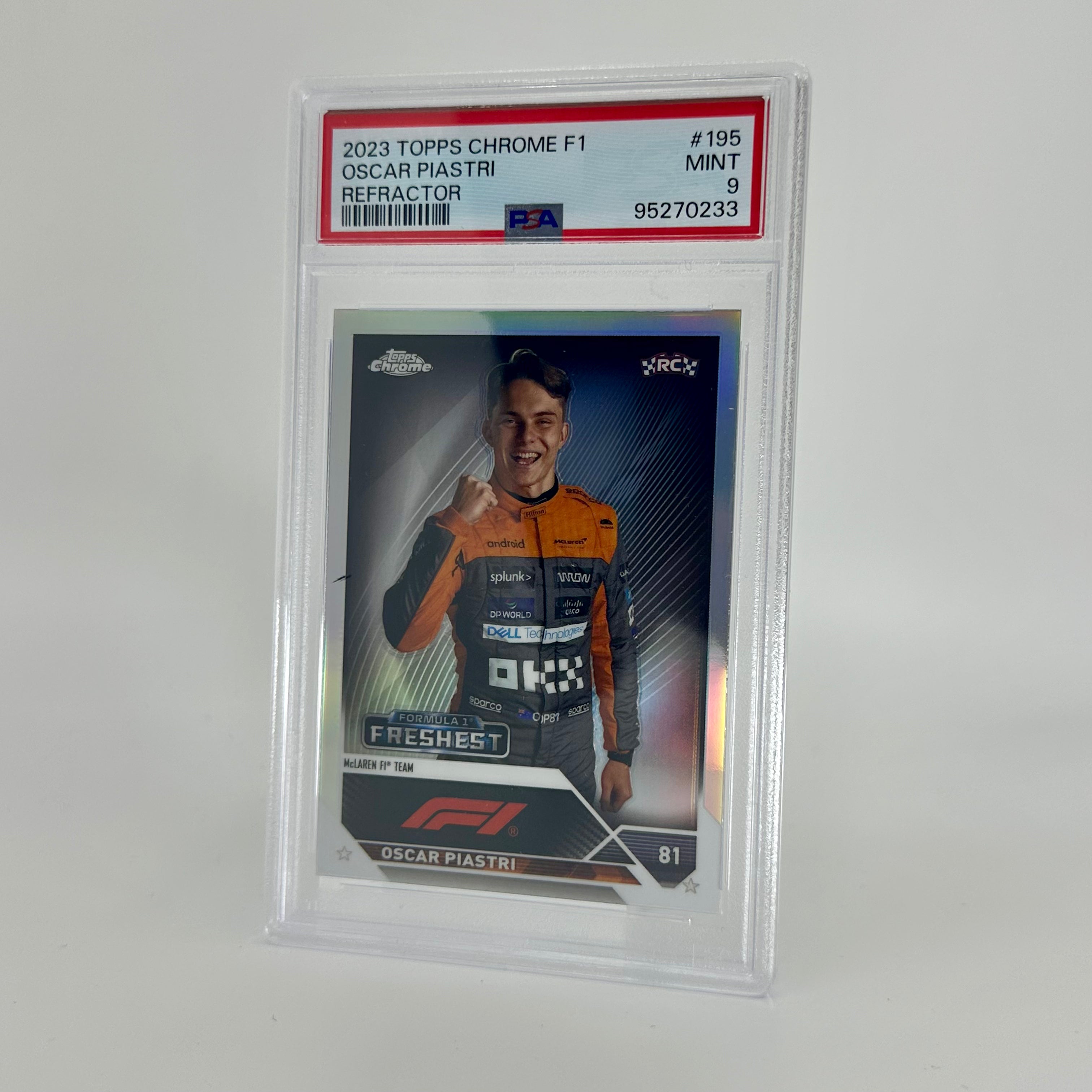 2023 Topps Chrome F1 Oscar Piastri #195 PSA 9 Rookie Refractor Card - Perfect for F1 Collectors and Racing Fans Display