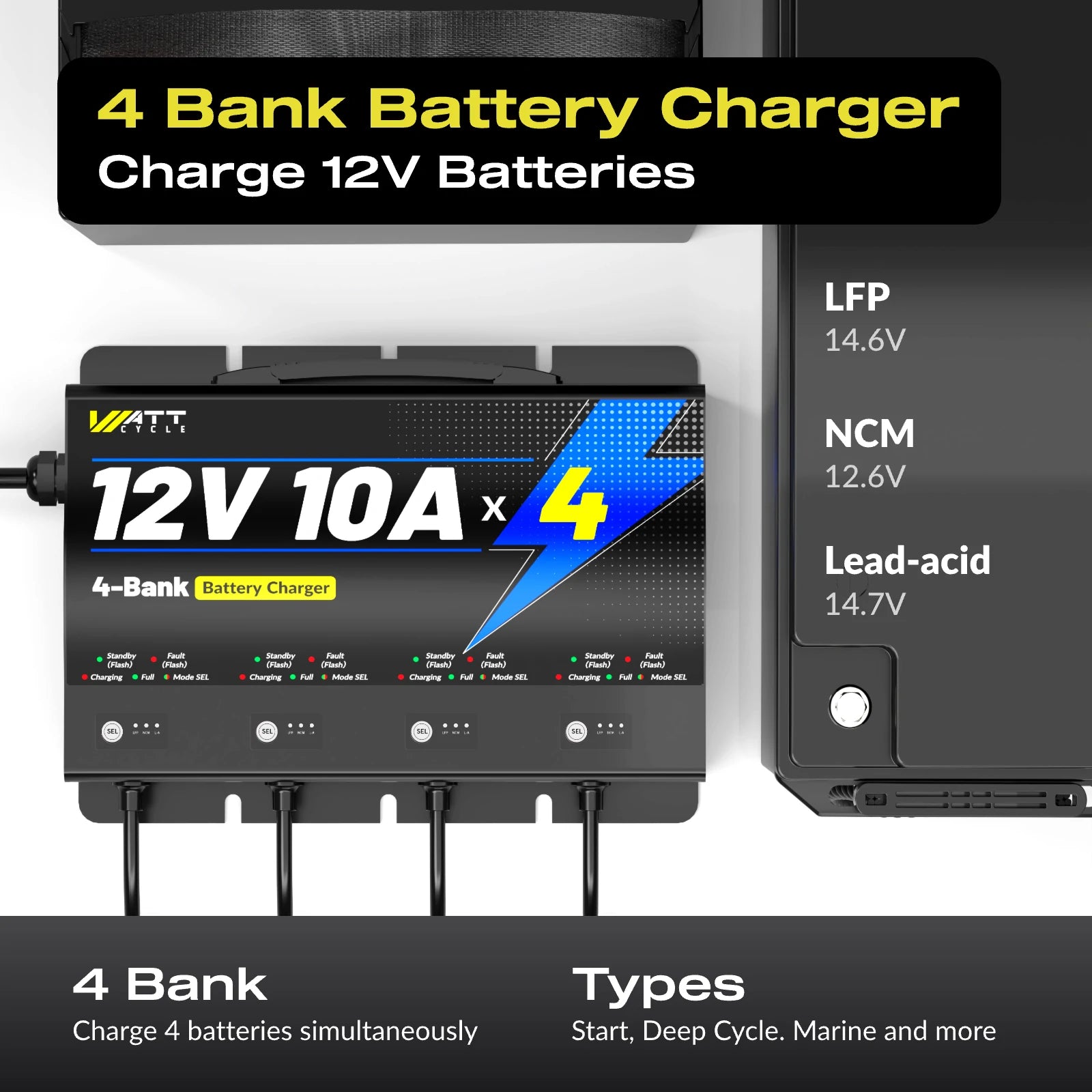 12V 10A 4 Bank Smart Battery Charger - Fast Charging for Marine, RV, ATV, and Car Batteries - Perfect for Boating, Camping, and Off-Road Adventures