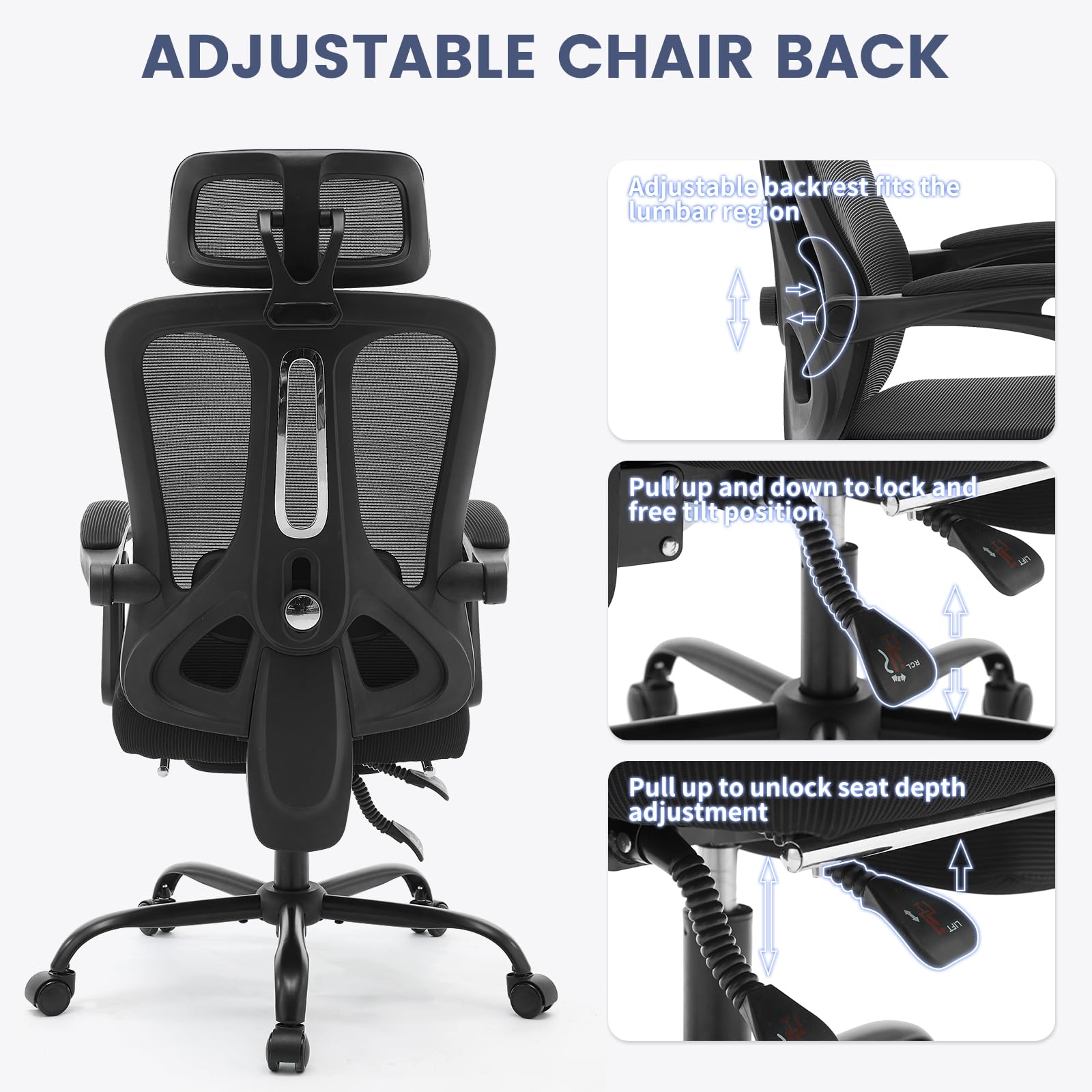Ergonomic Office Chair with Adjustable Lumbar Support & Footrest - High Back Mesh Computer Chair with Headrest, 360° Swivel Executive Task Chair (Black) - Perfect for Home Office, Gaming & Workspaces