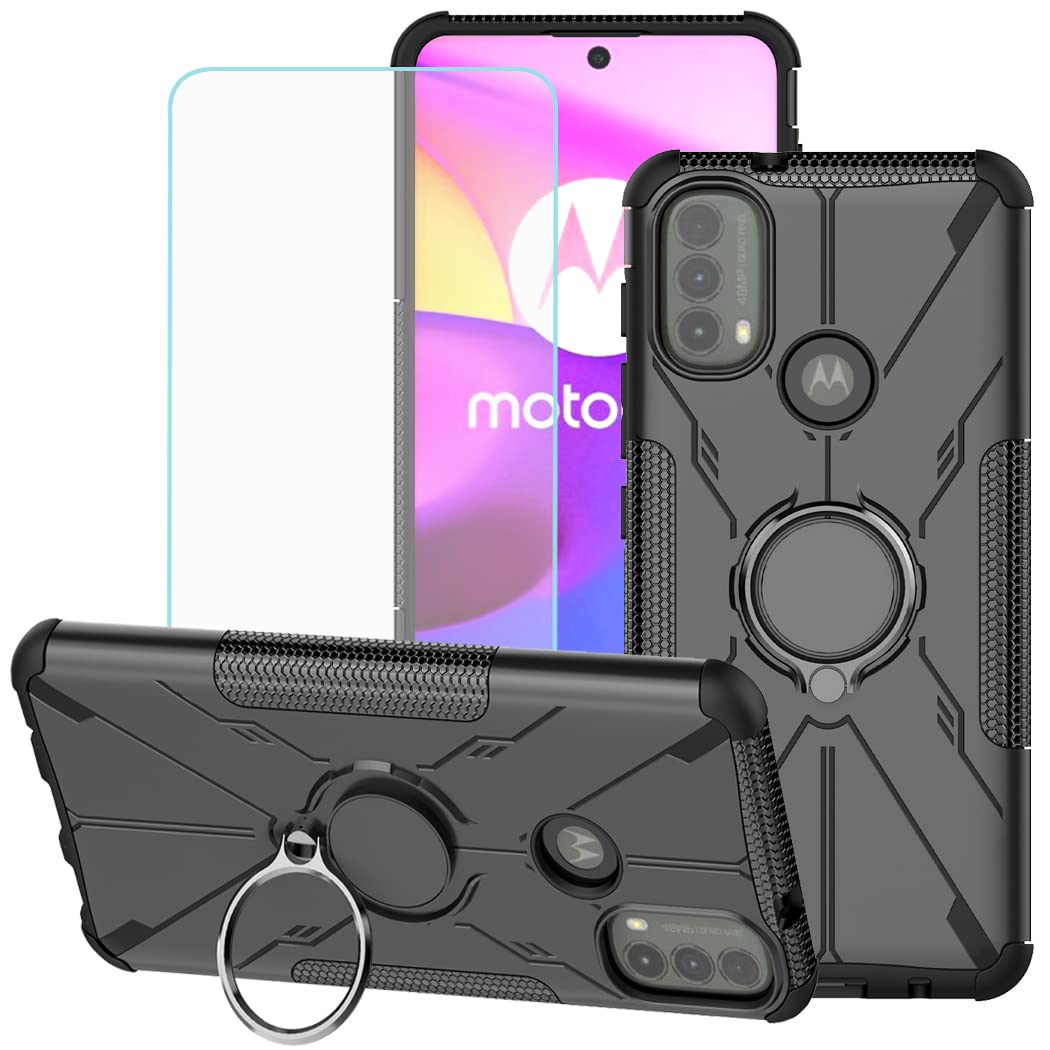 Magnetic Kickstand Case for Motorola Moto E20/E30/E40 (XT2155/XT2158) with Tempered Glass Screen Protector - 360° Rotating Ring Holder, Protective Cover (Black) - Perfect for Work, Travel, and Everyday Use
