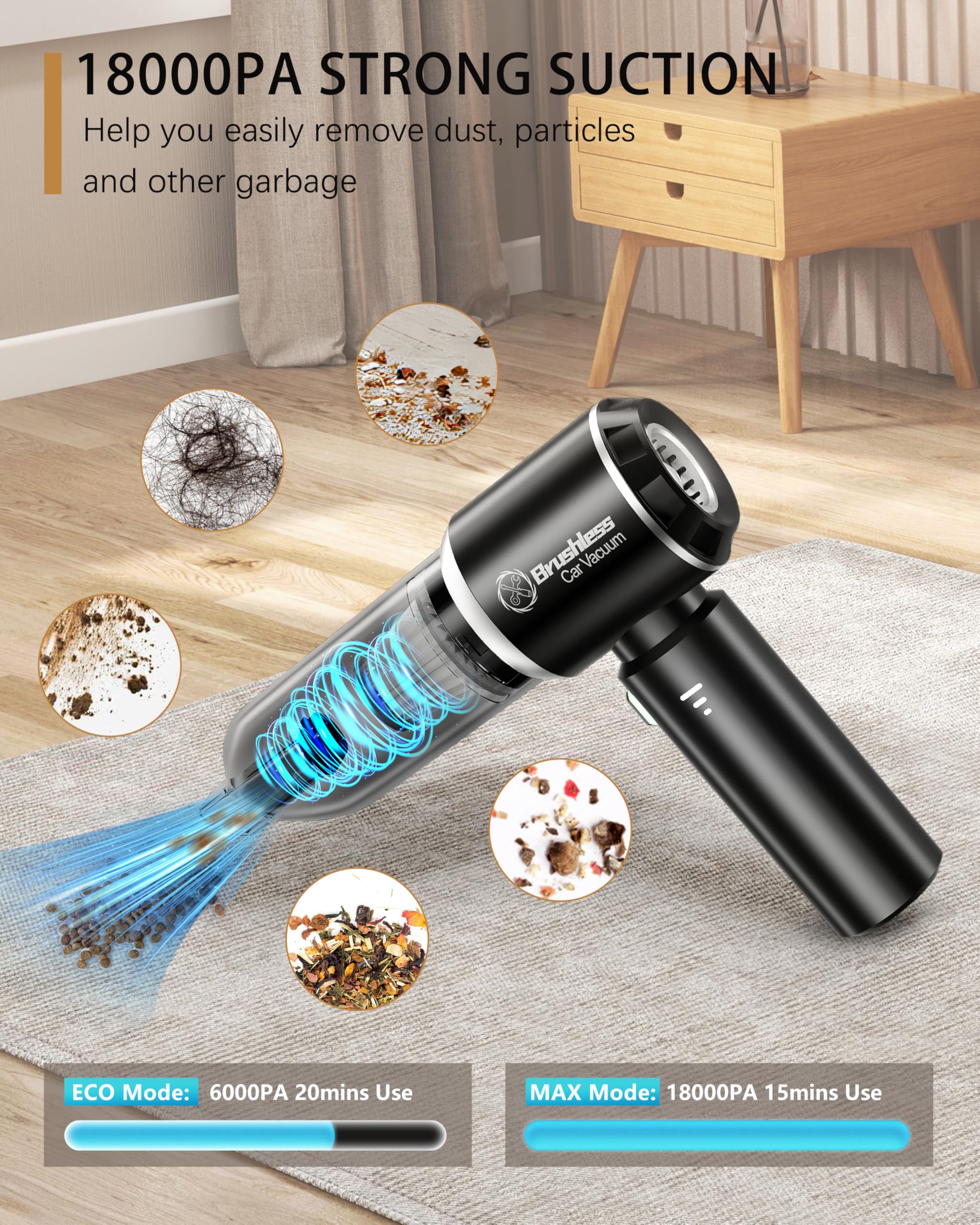 Powerful Cordless Handheld Car Vacuum Cleaner - 18000PA Brushless Motor, 4-in-1 Blowing/Sucking/Charging, Portable for Home, Car & Office | Ideal for Pet Hair, Crumbs & Car Detailing