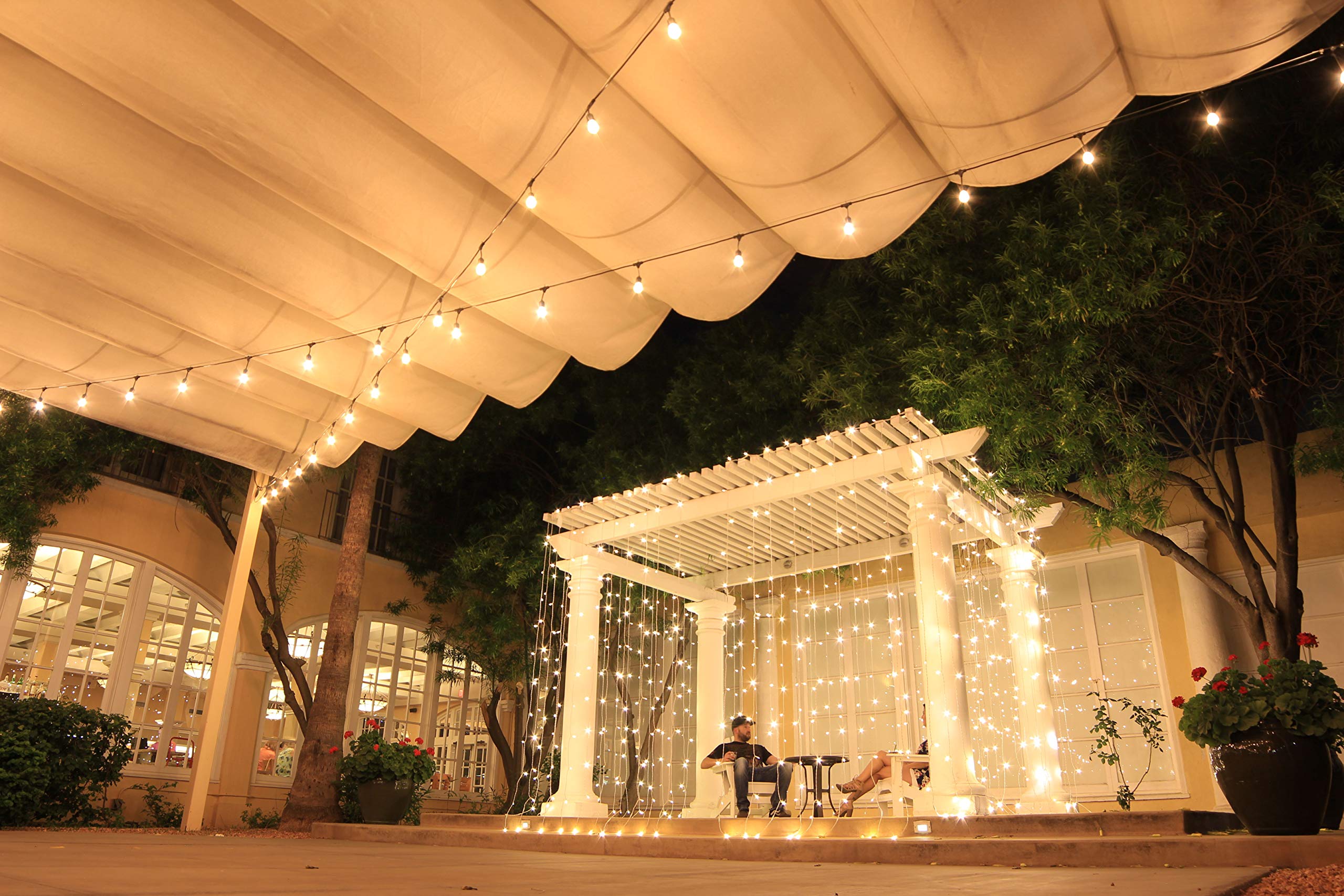 165 LED String Curtain Lights - Warm White Twinkle Lights, 10ft x 7.5ft with White Wire (Connect up to 6 Sets) for Bedroom, Outdoor, Party, Wedding Decorations - Perfect for Creating Romantic Ambiance and Holiday Lighting