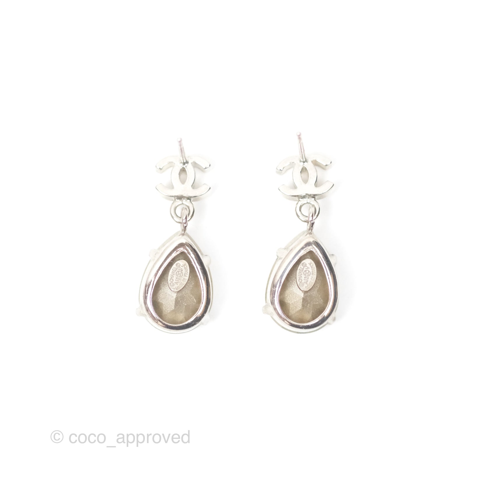 Chanel CC Rhinestone Tear Drop Earrings Silver Tone 12V - Elegant Dangle Earrings for Women, Perfect for Parties, Weddings & Special Occasions