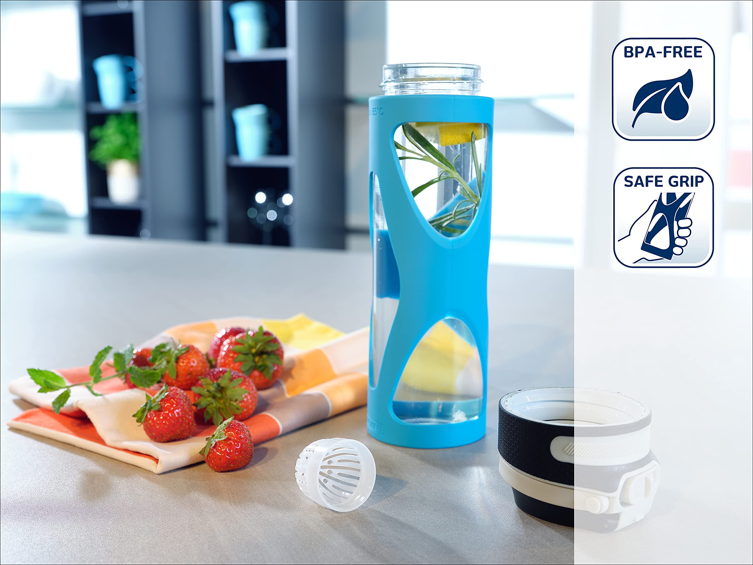 Leifheit 600ml Glass Flip Water Bottle - BPA-Free, Shockproof, 100% Leak Proof, One-Hand Operation with Fruit Infuser Filter | Sustainable Reusable Sports Bottle for Gym, Hiking & Daily Hydration (Water Blue)