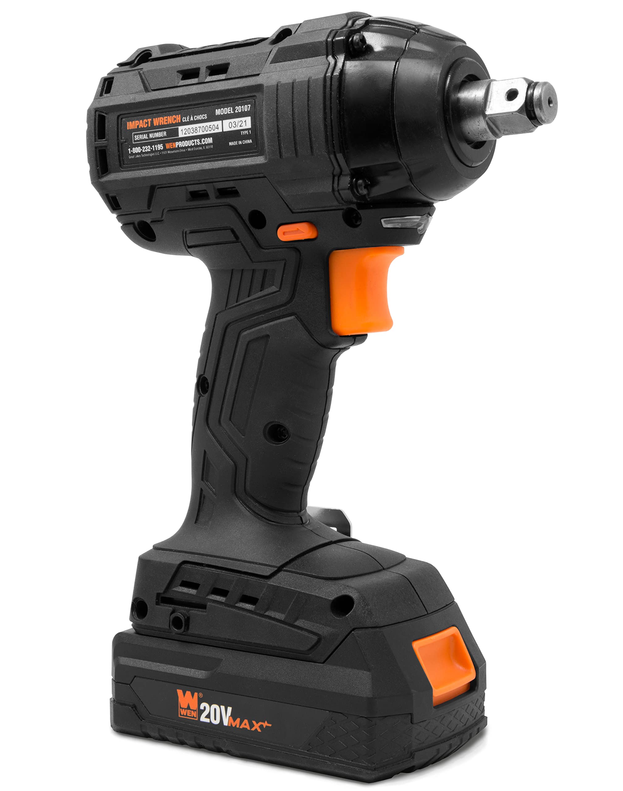 WEN 20V Max Brushless Cordless Impact Wrench Kit with 2.0Ah Lithium-Ion Battery & Fast Charger (20107) - Perfect for Automotive Repairs, DIY Projects & Construction Work