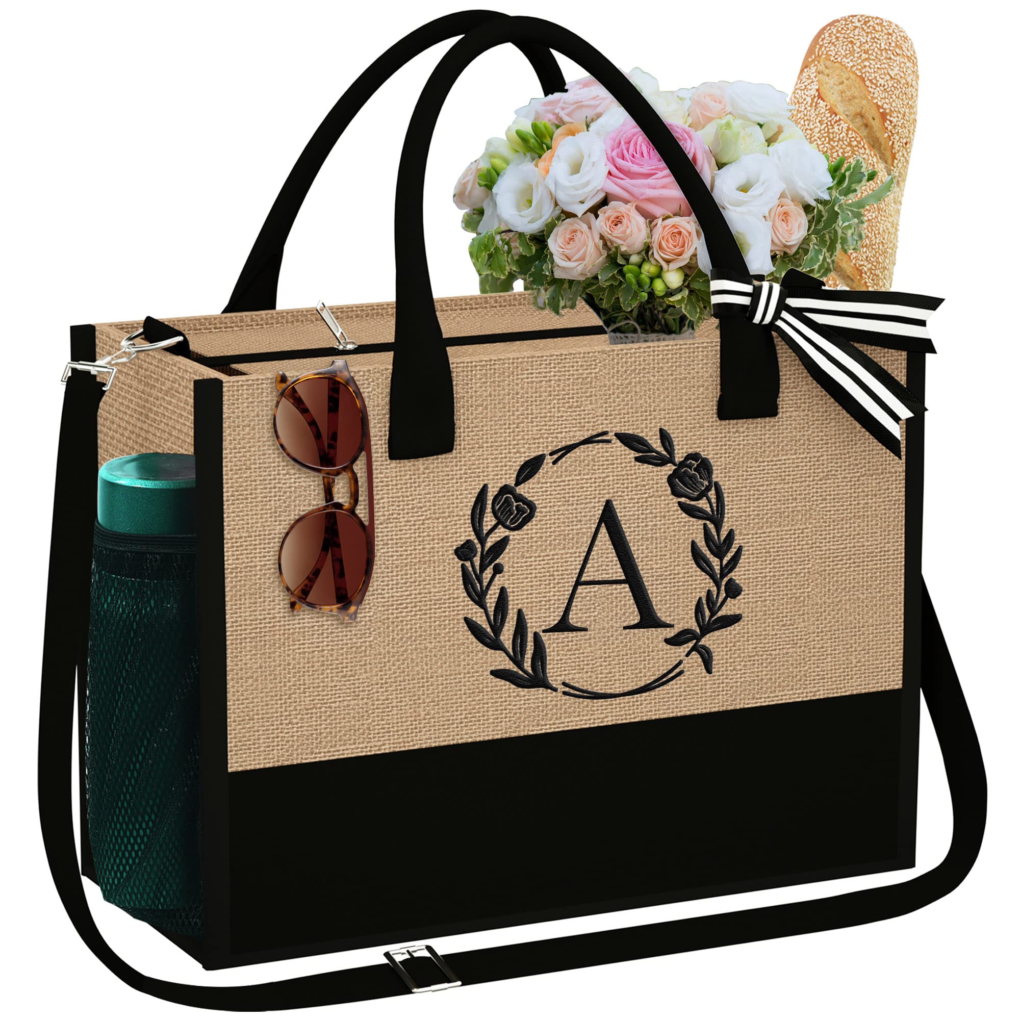 YOOLIFE Personalized Initial Jute Tote Bag for Women - Zipper Pockets & Adjustable Strap - Perfect Birthday Gift, Mother's Day Present & Everyday Use