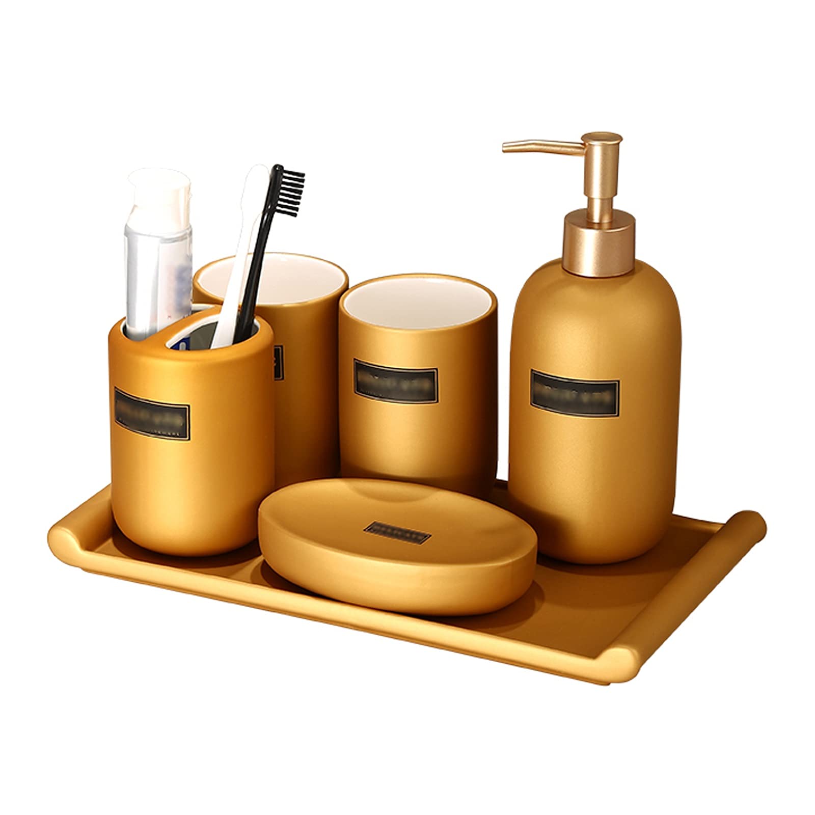 Premium Matte Ceramic Soap Dispenser Set - 6-Piece Bathroom Accessories Kit with Soap Bottle, Wash Cup, Toothbrush Holder, Soap Dish & Tray (Black & Gold) - Perfect for Home, Hotel & Spa Decor