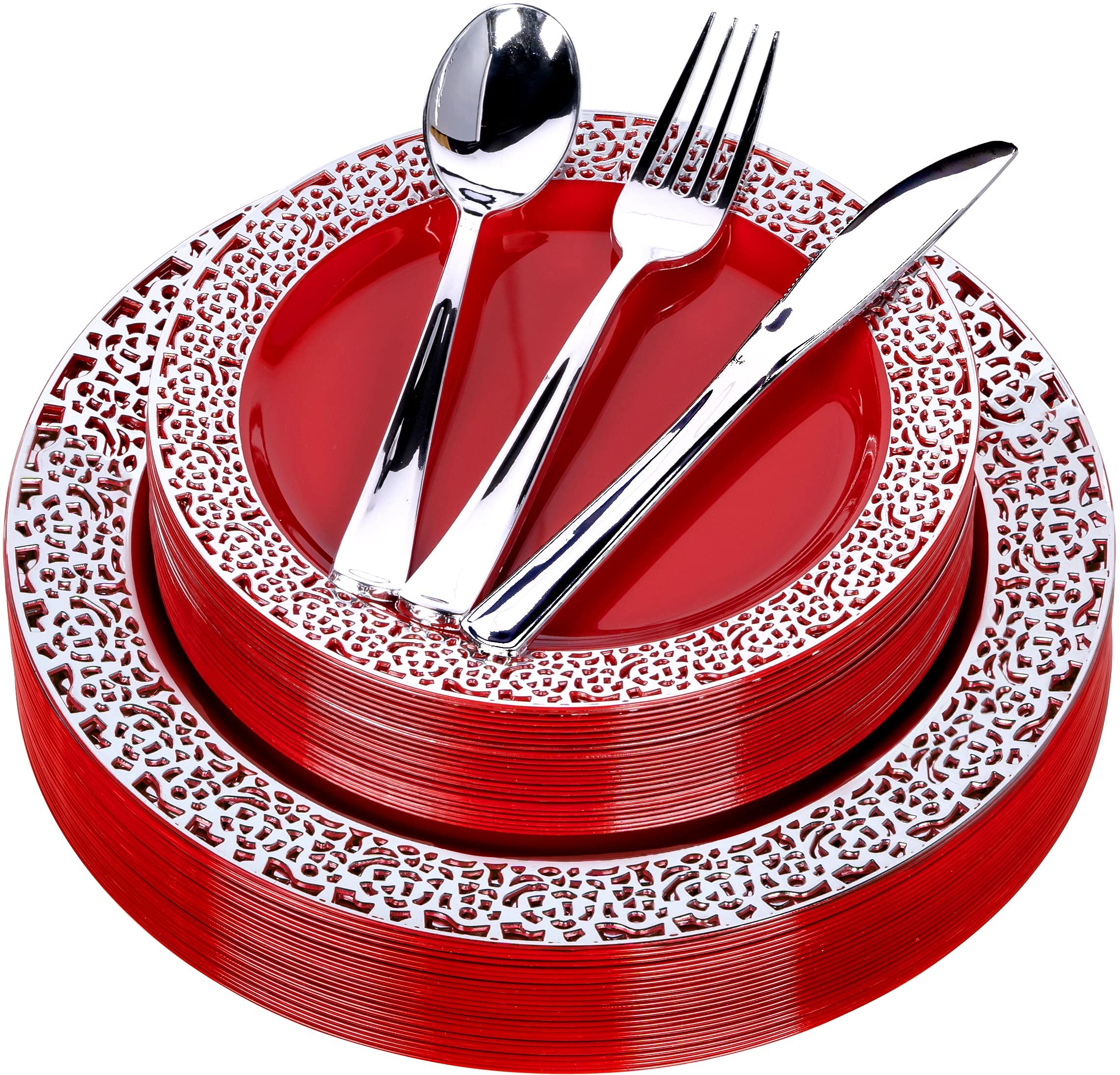 FOMOICA 125-Piece Premium Disposable Plastic Dinnerware Set - Red & Silver Plates, Forks, Spoons, Knives - Reusable Party Tableware for Birthday, Wedding, Christmas Celebrations - Perfect for Outdoor Events, Picnics, and Family Gatherings