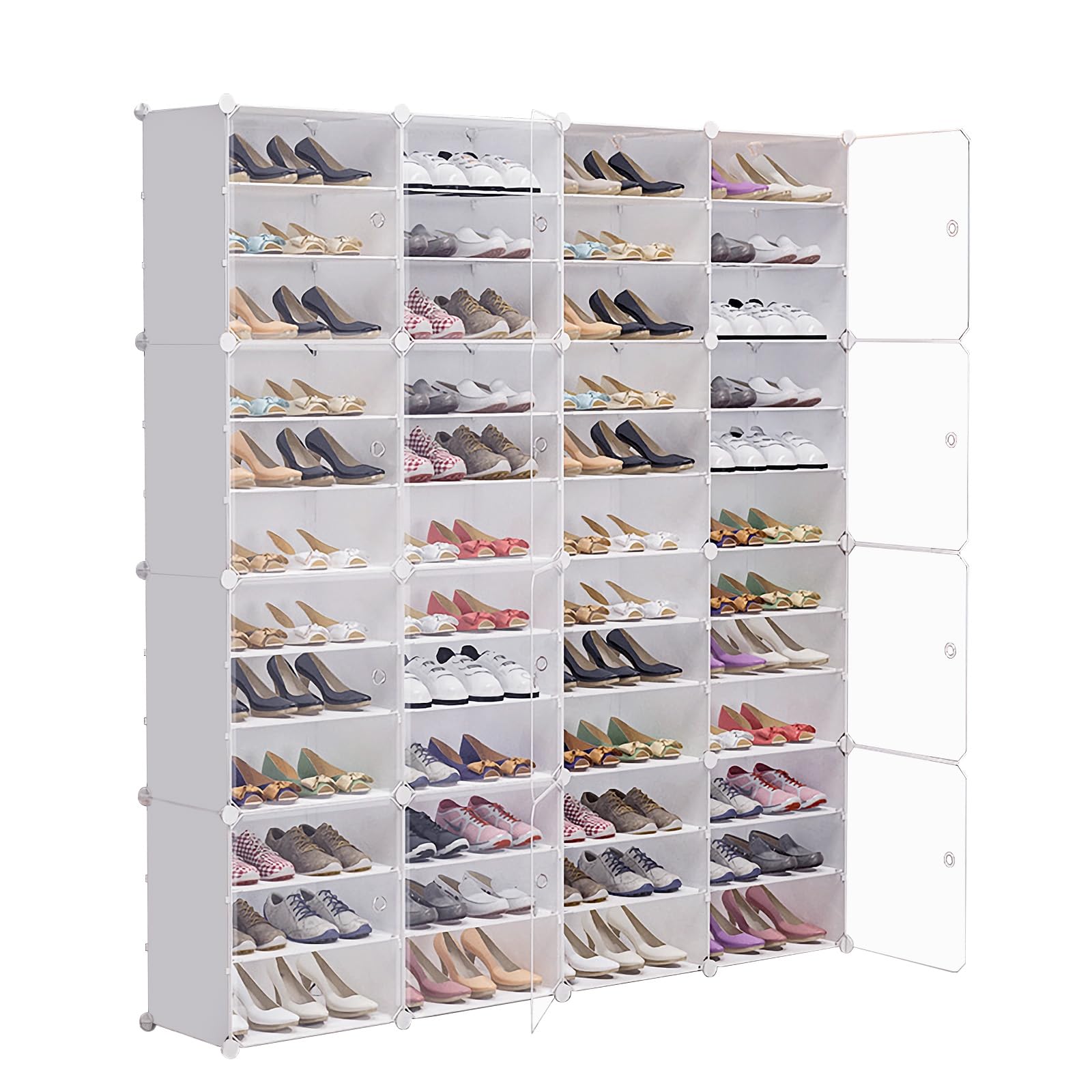 DYRABREST Expandable Shoe Rack Organizer - White Plastic Free Standing Shoe Cabinet with Transparent Door for 96 Pairs - Space Saving Closet Storage for High Heels, Boots & Sneakers - Perfect for Bedroom, Entryway & Dorm Organization