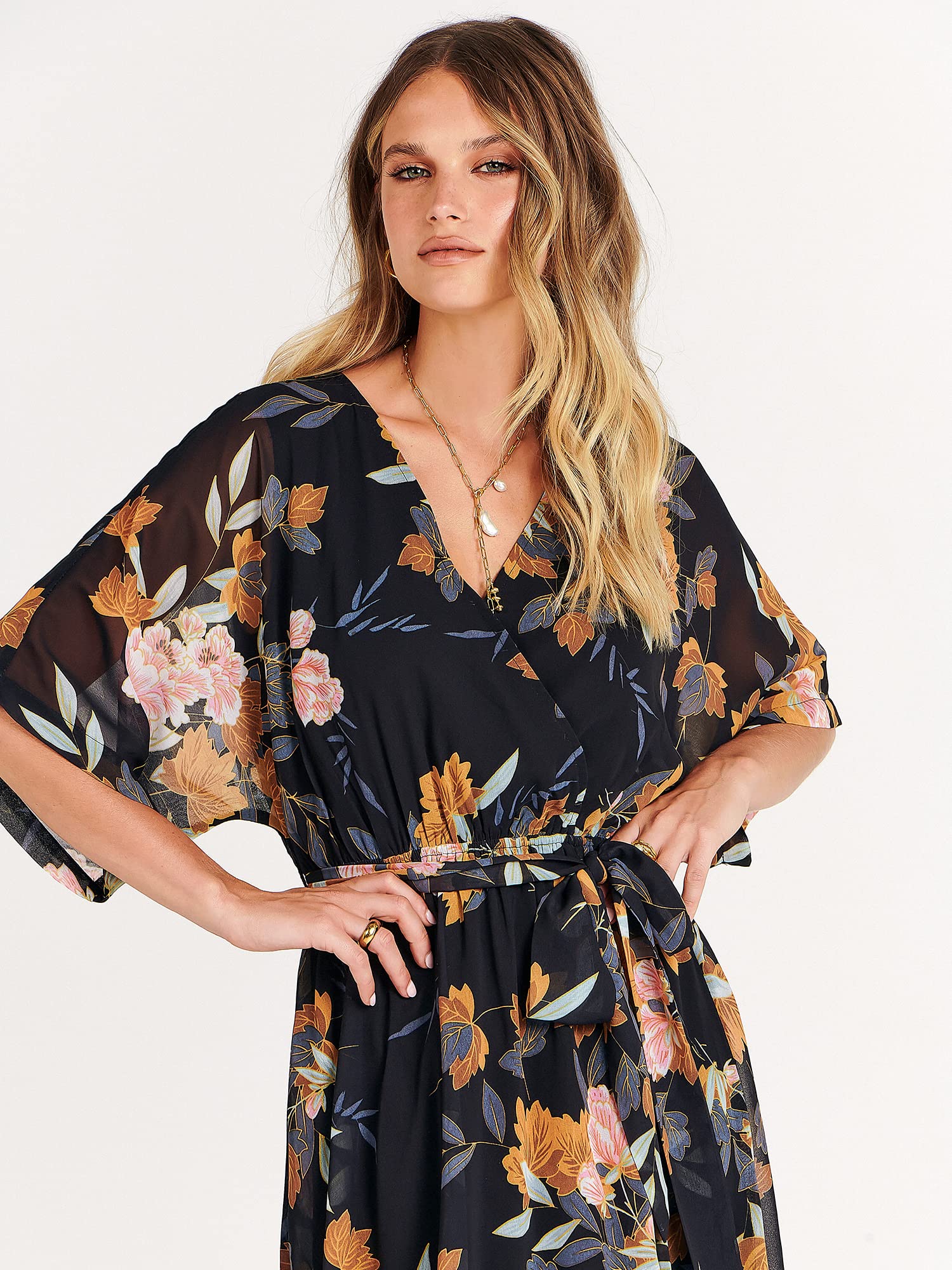 ANRABESS Women's Floral Print Boho Maxi Dress - Loose Wrap V-Neck 3/4 Sleeve Beach Wedding Guest Long Dress for Summer 2024 | Perfect for Vacations, Parties & Casual Outings