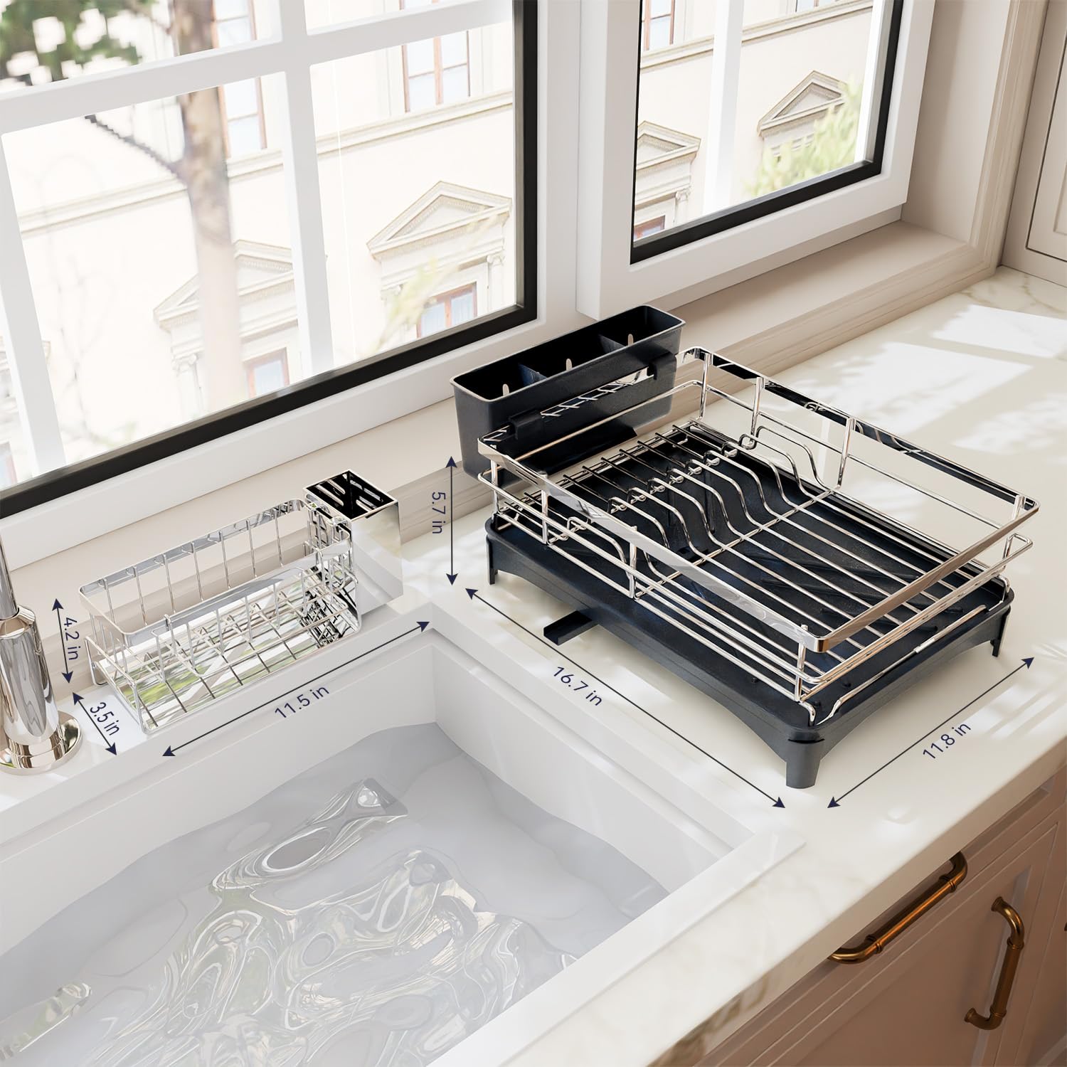Stainless Steel Dish Drying Rack for Kitchen Counter - 304 Rustproof Dish Drainer with Sponge & Utensil Holder, Space Saving Sink Organizer with Drainboard | Perfect for Small Kitchens & Apartment Living (Silver)