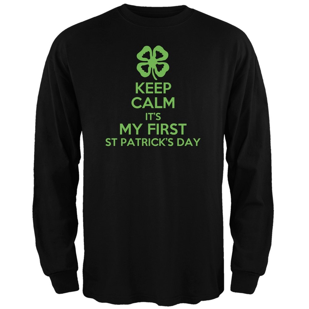St. Patrick's Day Clover Black Long Sleeve Shirt for Adults - First St. Paddy's Day Celebration Outfit for Irish Pub Crawl & Festive Parties
