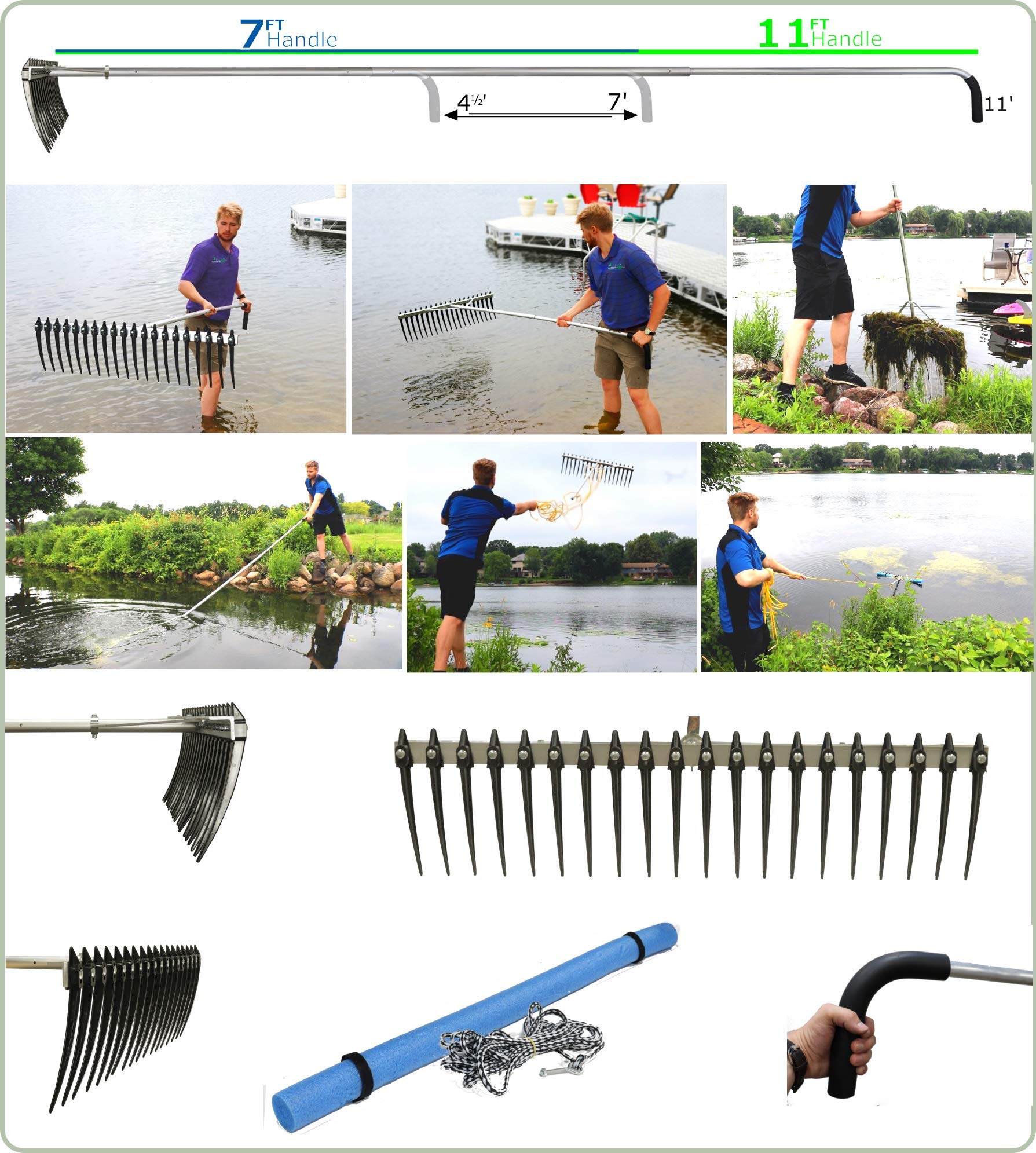 Heavy Duty Lake & Pond Weed Cutter Rake with Long Teeth - 11ft Aluminum Handle for Aquatic Vegetation Removal - Perfect for Shoreline Cleaning, Beach Maintenance & Waterfront Property Care