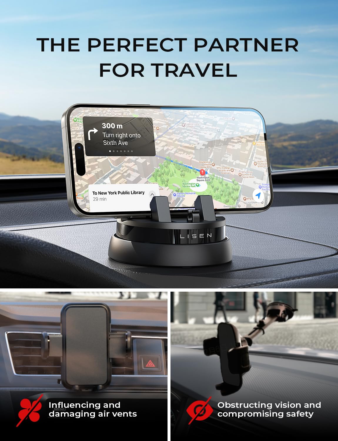 LISEN 360° Rotating Dashboard Car Phone Holder - Universal Fit for iPhone 16 Pro Max/15/14/13/12/11, Samsung Galaxy S24/S23 & All Smartphones - Black - Perfect for GPS Navigation & Hands-Free Driving