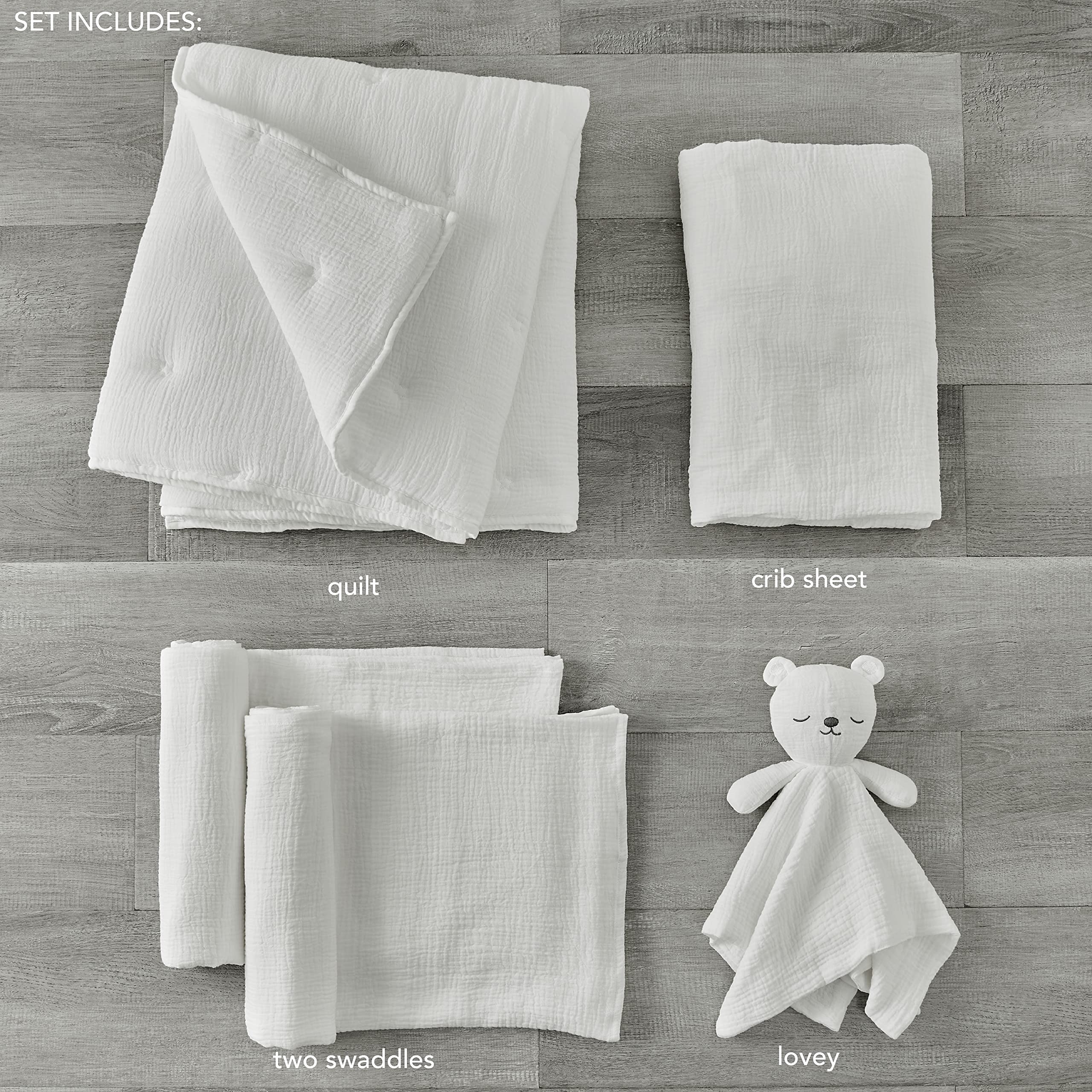 Levtex Baby Cloud Muslin Crib Bed Set - 5 Piece Nursery Set with Quilt, Fitted Sheet, Swaddles & Lovey - Soft Textured Muslin for Newborns - White Star Design - Perfect for Nursery Decor, Baby Shower Gifts & Cozy Sleep Time