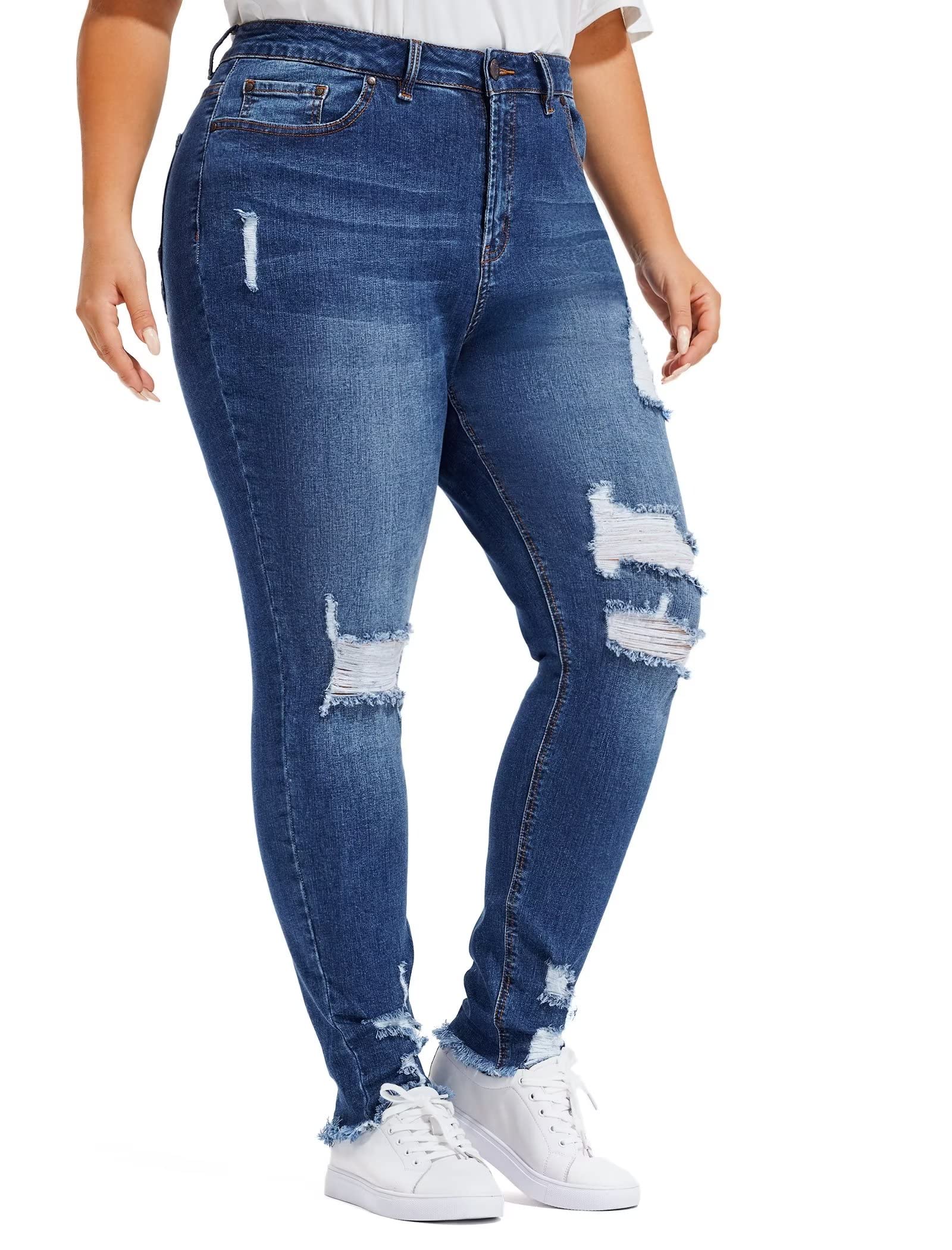 RHODANTHE Women's Plus Size Ripped Boyfriend Jeans - Stretch Denim Mom Jeans with Distressed Holes | Trendy Loose Fit for Casual Outfits & Streetwear Fashion