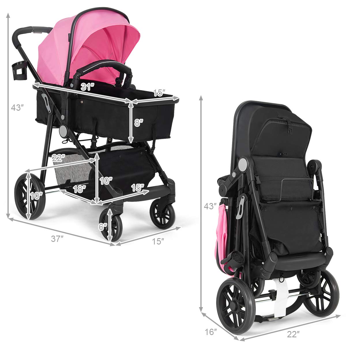 **HONEY JOY Baby Stroller - Convertible Infant Bassinet Stroller with Adjustable Canopy & Backrest, Large Storage Basket & Cup Holder, Foldable Newborn Carriage Pram (Pink) | Perfect for Walks, Travel & Shopping**