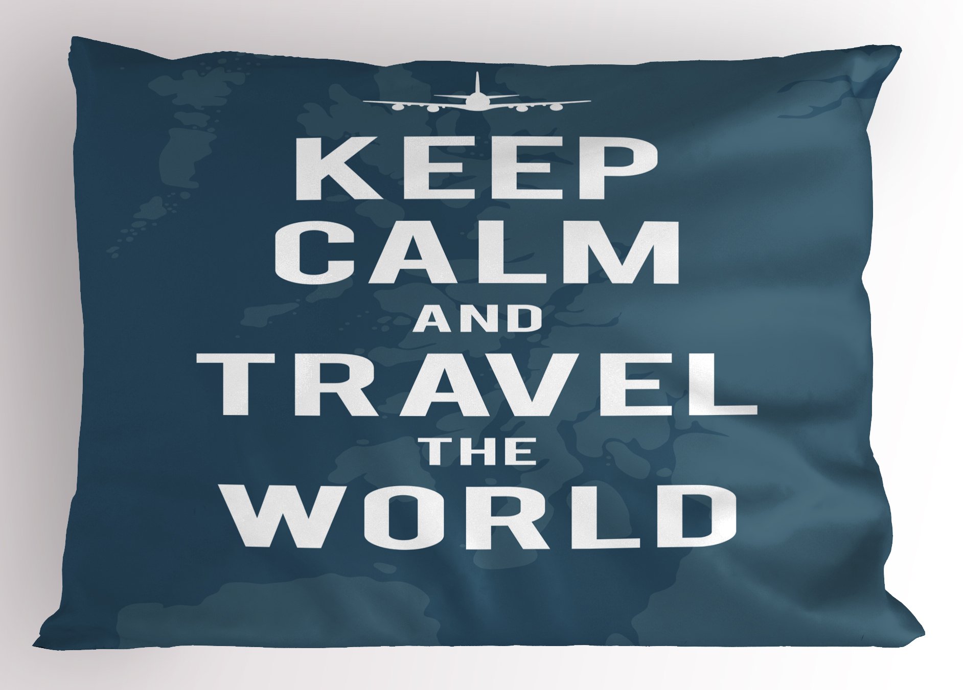 Ambesonne Keep Calm Pillow Sham - Vintage UK Map & Plane Silhouette Design, Decorative Standard Queen Size Printed Pillowcase 30x20 Inches, Blue & White - Perfect for Home Decor, Travel Themed Bedroom & Cozy Living Room Accent