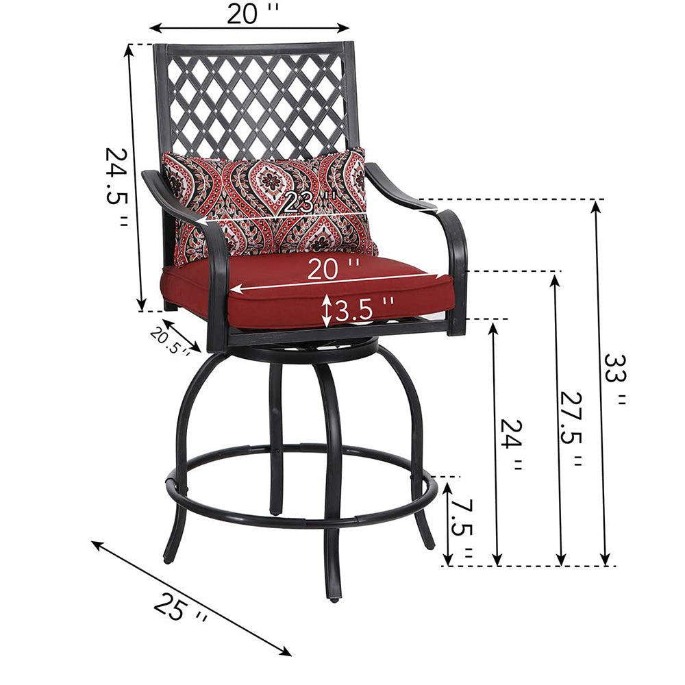 PHI VILLA 5-Piece Outdoor Bar Set - Teak Grain High Table & Extra Wide Steel Bar Stools for Patio, Deck, Backyard & Garden Dining