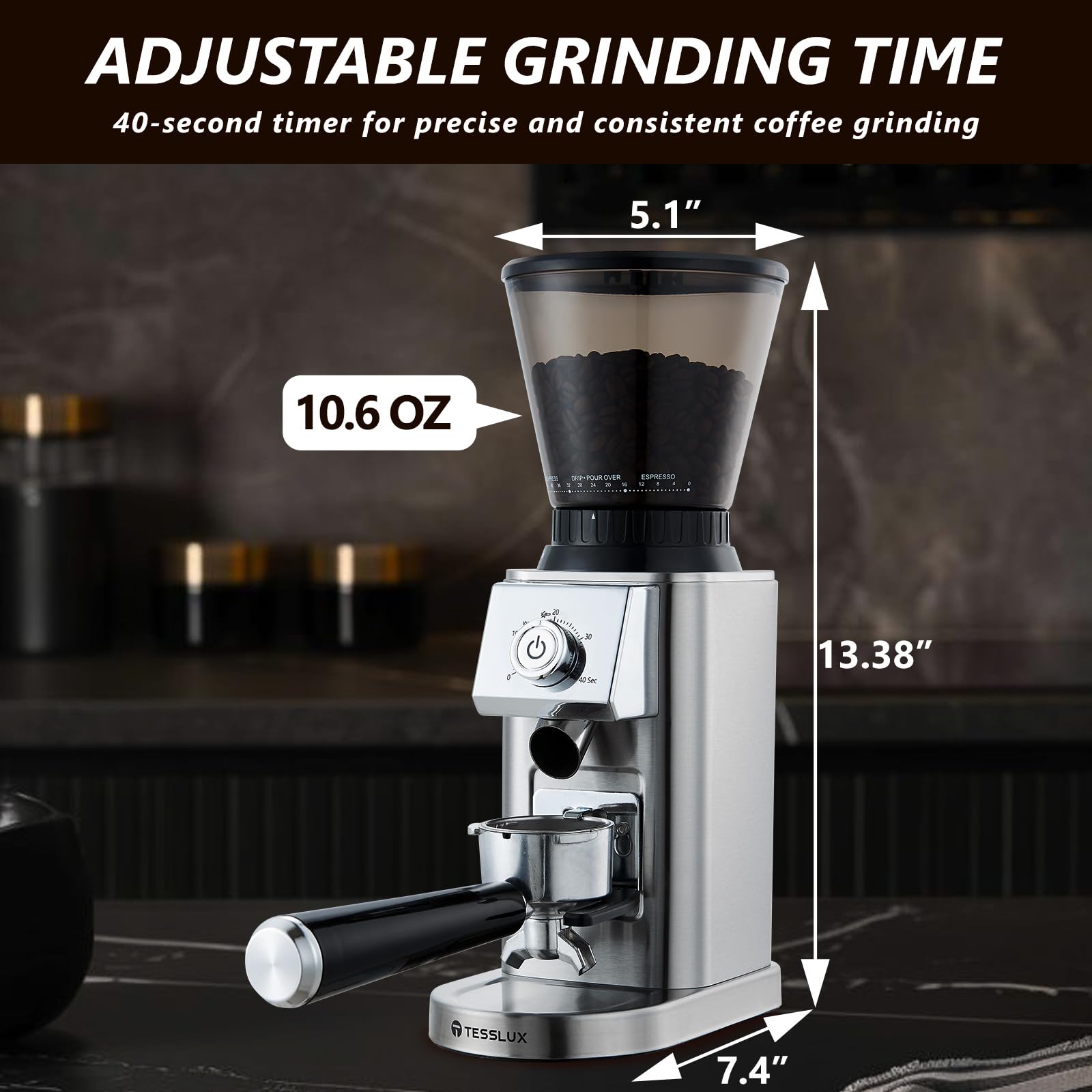 Premium Electric Conical Burr Coffee Grinder for Espresso & Drip Coffee - 48 Precise Grind Settings, Anti-Static Design, Precision Timer - Perfect for Home Baristas & Coffee Enthusiasts (Silver) | Ideal for Freshly Ground Coffee at Home, Office, or Café Use