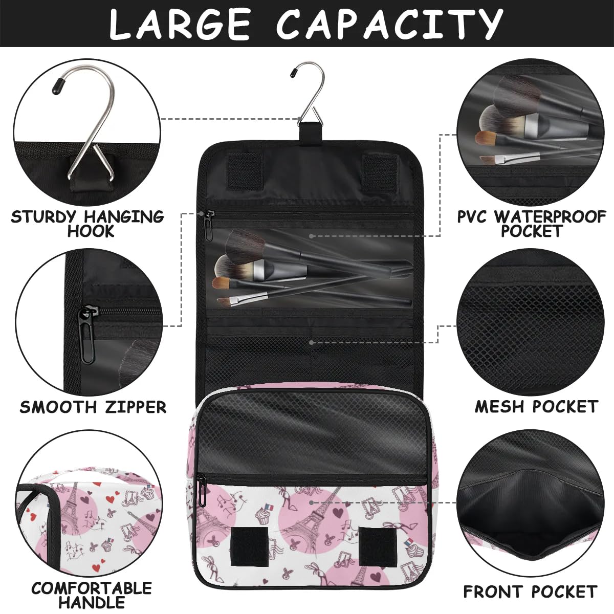 Waterproof Hanging Toiletry Bag for Travel - Pink Eiffel Tower Cosmetic Organizer for Women & Men, Makeup & Essentials Storage - Perfect for Paris Trips, Camping & Gym Use