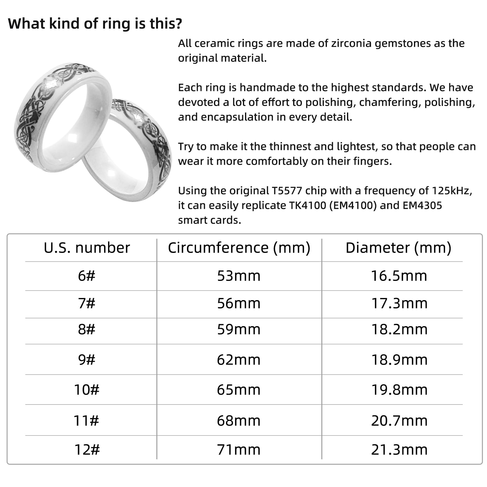 T5577 RFID 125kHz Rewritable Ceramic Ring with Dragon Design - Clone EM4100 Cards for Cabinet Locks & Key Access (White, Size US9) - Perfect for Home Security, Office Access Control & Hotel Key Cards