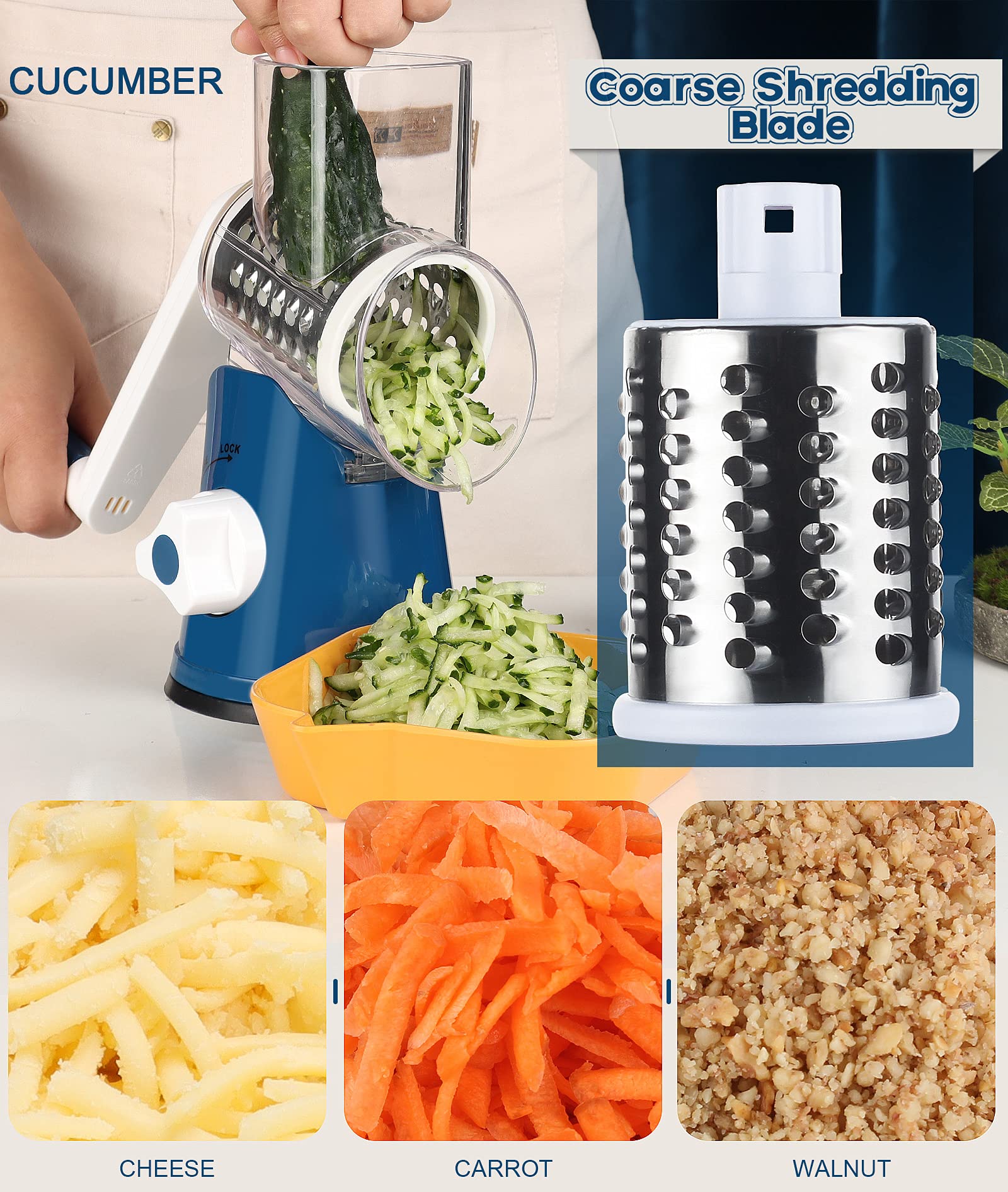 Ourokhome Rotary Cheese Grater - Hand Crank Kitchen Shredder with 3 Blades for Cheese, Vegetables, Nuts & Chocolate | Mandolin Slicer for Potato, Carrot & More | Perfect for Meal Prep, Baking & Cooking | Dark Blue