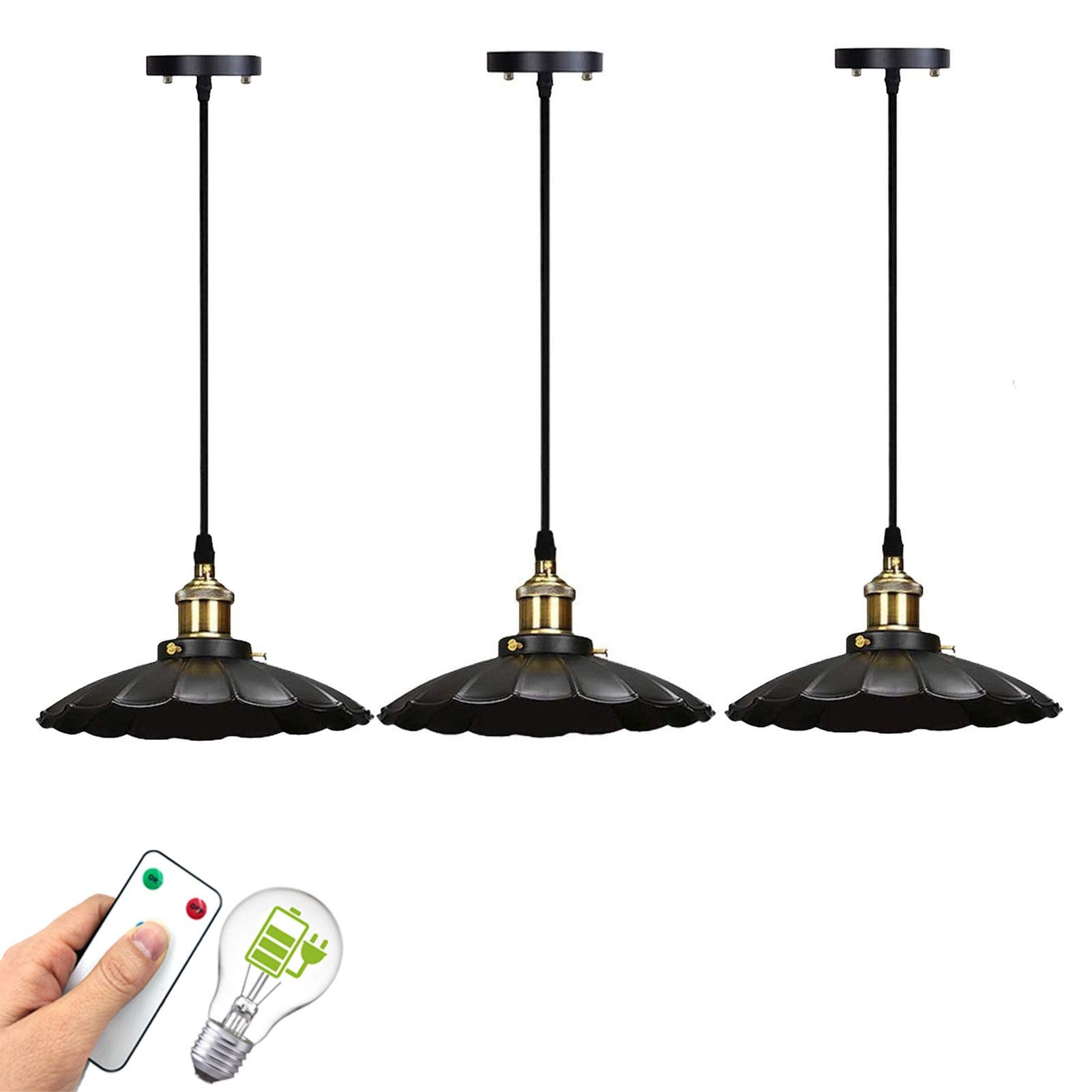 Civaza 3-Pack Battery Operated Pendant Lights with Remote Control - 400 Lumens Rechargeable LED Bulbs Included - Black Hanging Island Lights for Kitchen, Dining Room & Bar Counter Decor