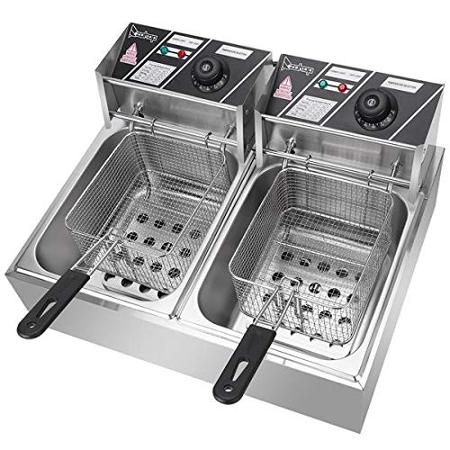 12L Commercial Stainless Steel Electric Deep Fryer - Dual Cylinder for Chicken, Chips, Fries - Includes Basket & Scoop - Perfect for Restaurants, Food Trucks & Home Cooking