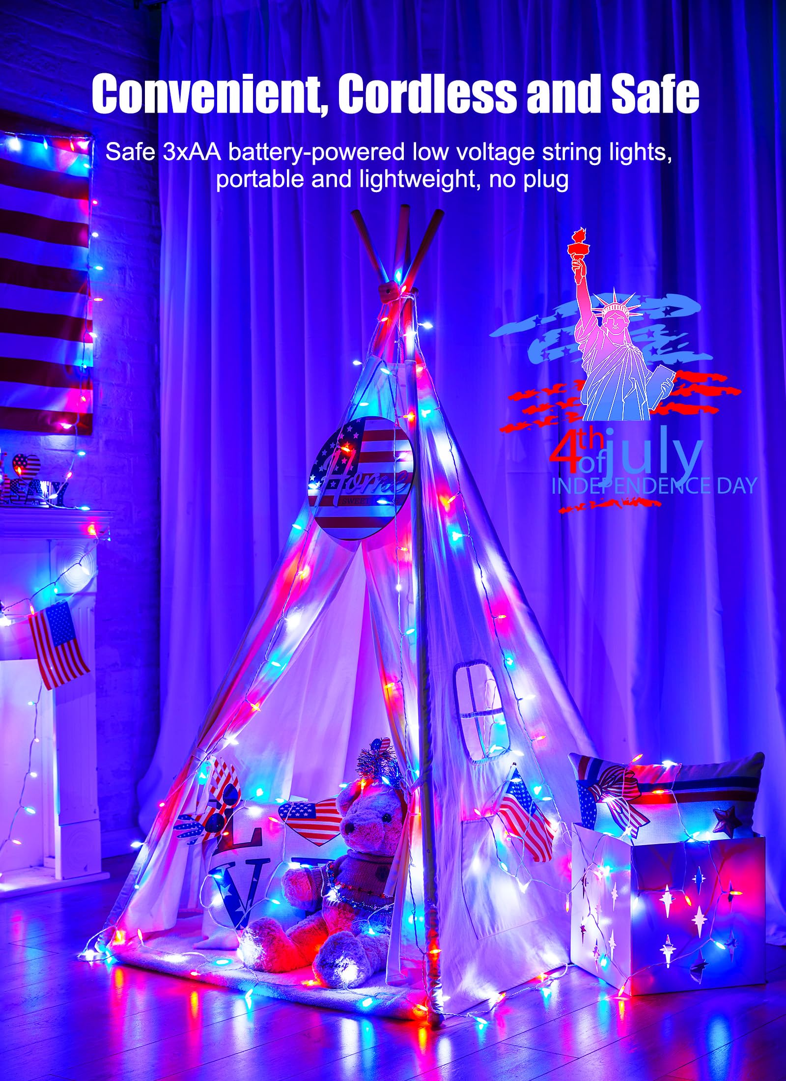 4th of July LED String Lights - 20 Waterproof Patriotic Lights for Outdoor Decor