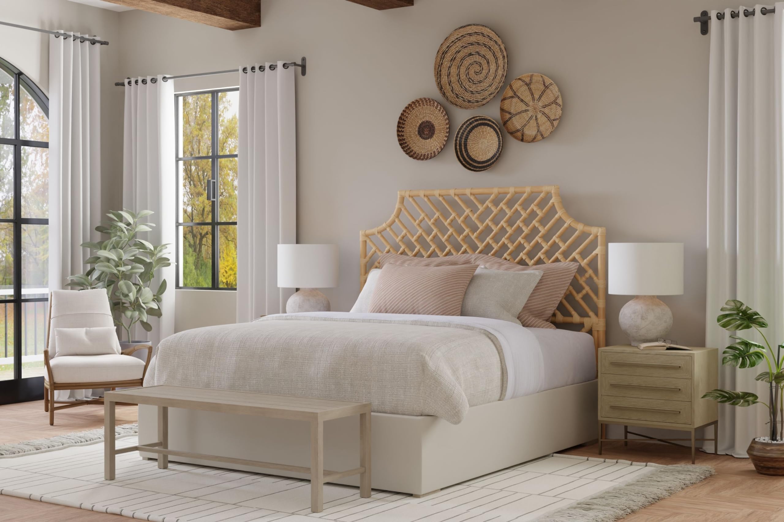 Kouboo Rattan Chippendale Headboard Queen Size - Natural Woven Bohemian Bedroom Furniture - Perfect for Master Bedroom, Guest Room & Coastal Home Decor