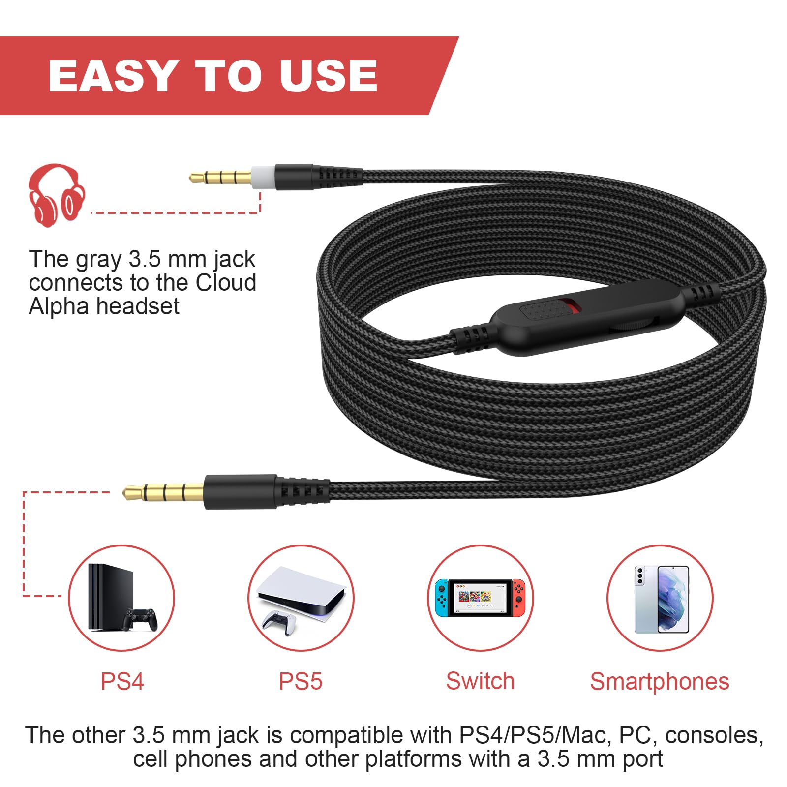 HyperX Cloud Alpha & Cloud Mix Replacement Audio Cable - 6.6ft with Inline Mute & Volume Control | Durable Gaming Headset Accessory for PC, PS4, Xbox | Perfect for Esports, Streaming & Online Gaming