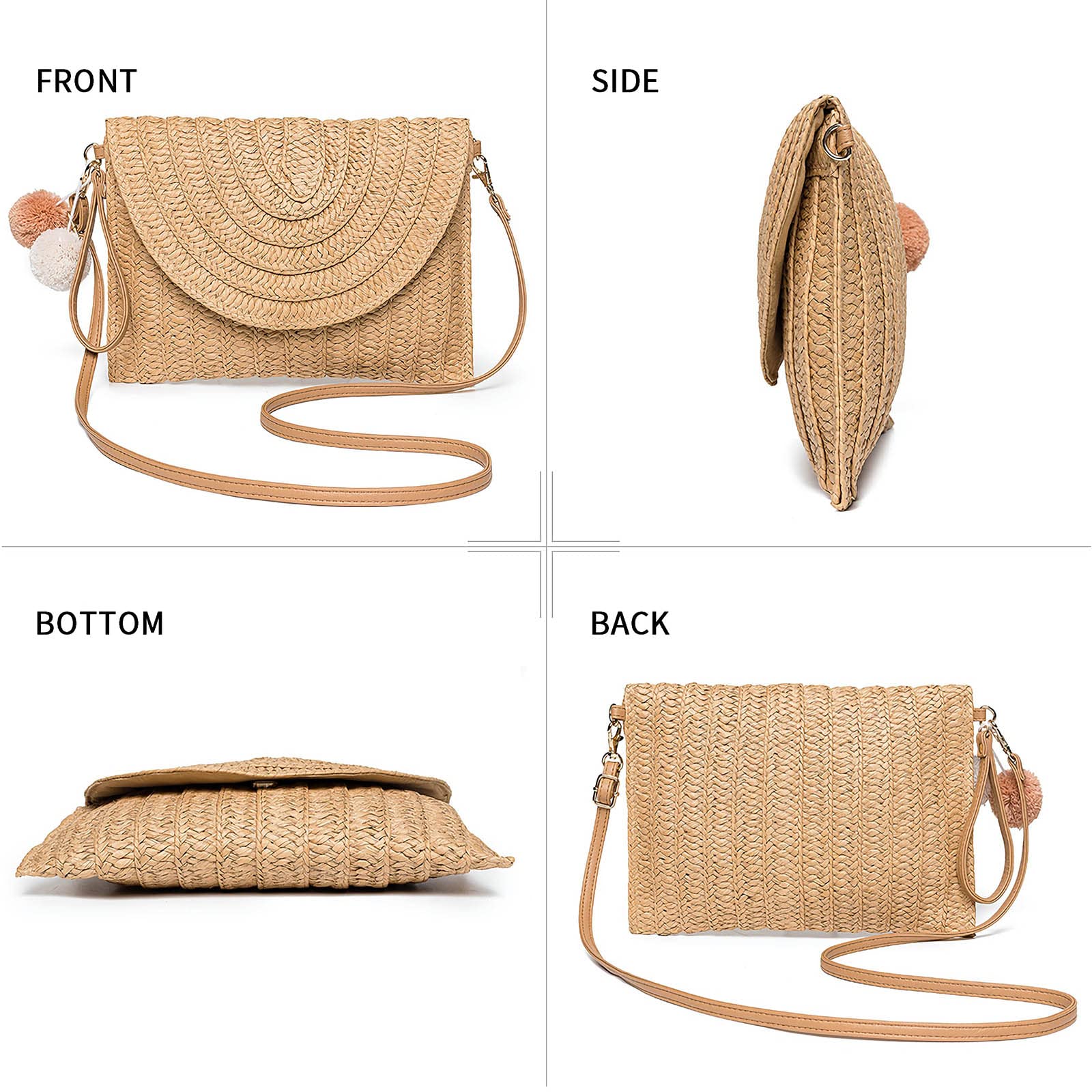 Straw Shoulder Bag for Women - Woven Beach Purse & Envelope Clutch Wallet - Perfect for Summer Outings, Beach Vacations and Daily Use
