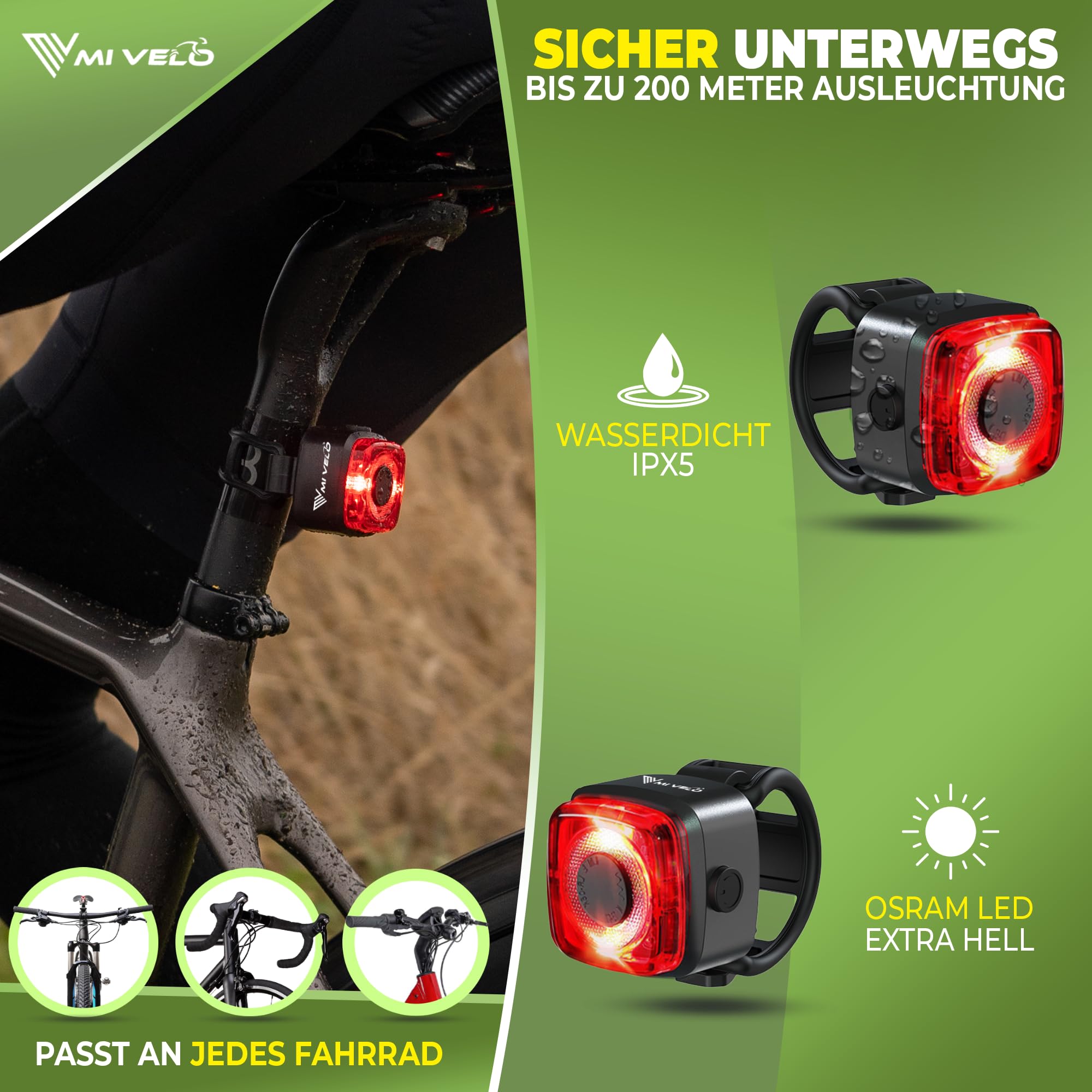 MIVELO Cube Bike Light Set - StVZO Approved USB Rechargeable & 100% Waterproof LED Front & Rear Bicycle Lights - Super Bright for Night Cycling, Commuting, and Outdoor Adventures