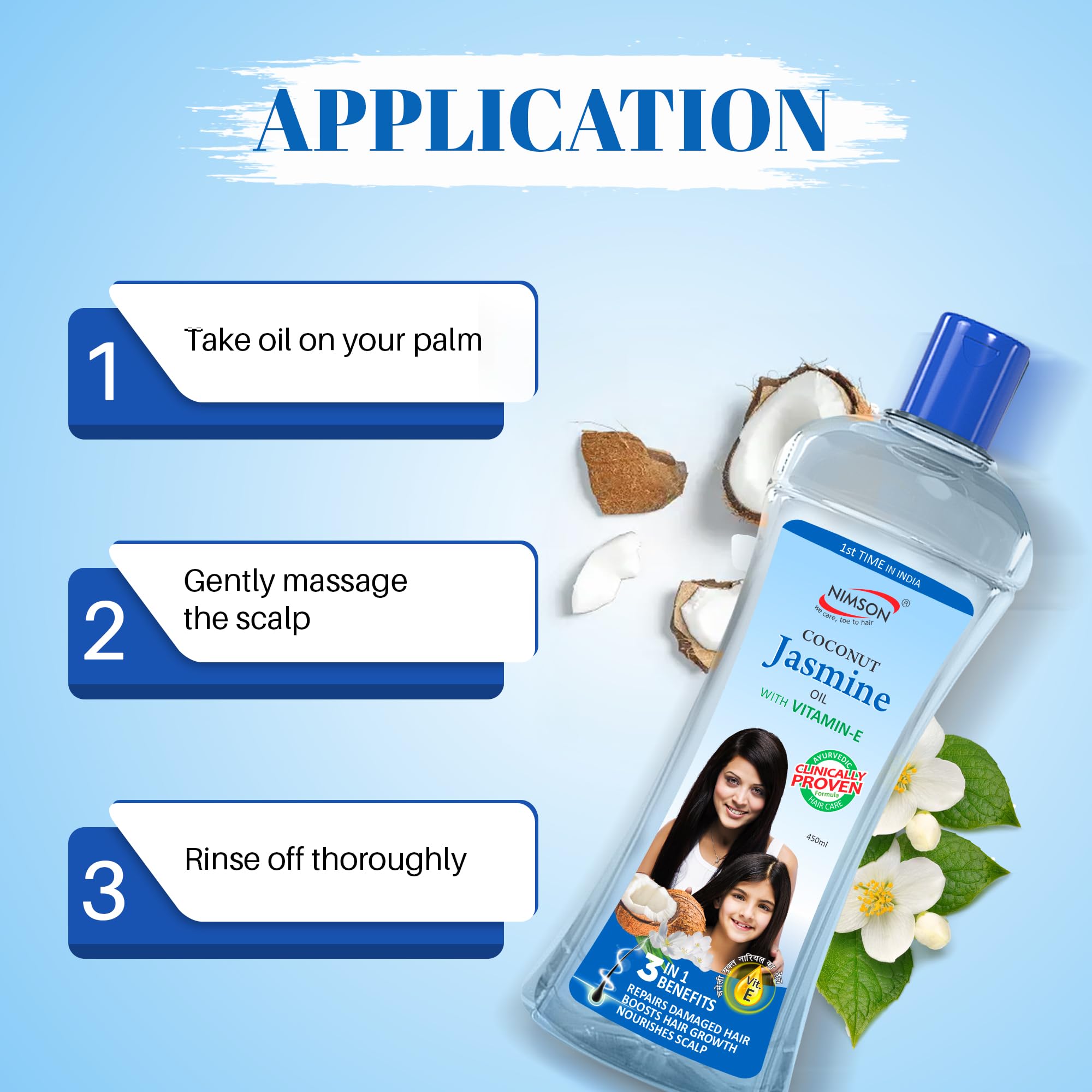 Nimson Coconut Jasmine Hair Oil with Vitamin E for Shiny, Long Hair Growth - 450ml | Natural Hair Treatment for Dry, Damaged Hair | Perfect for Daily Use & Scalp Massage