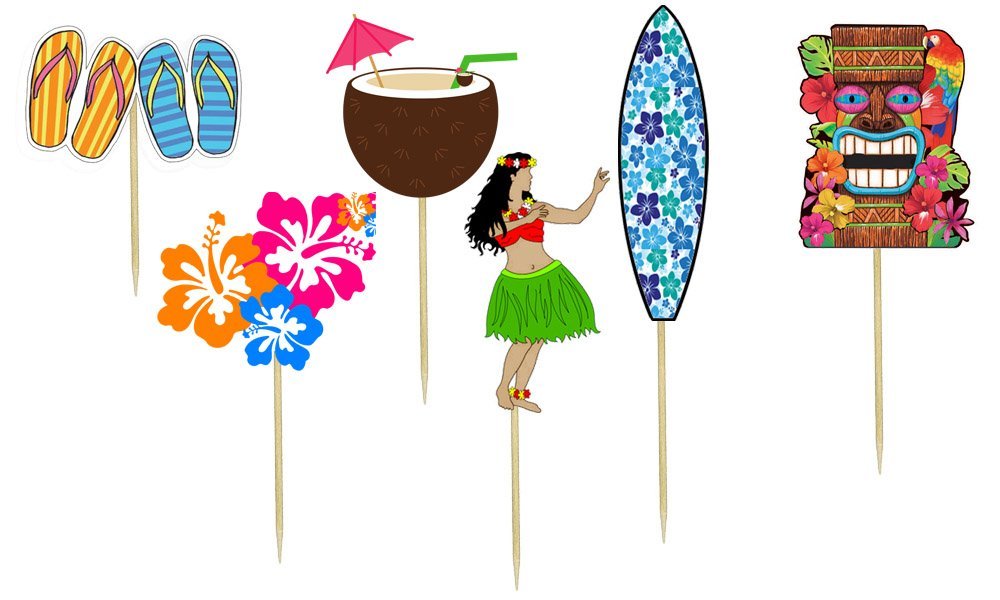 Luau Theme Cupcake Toppers - 24pcs Hawaiian Party Decorations for Tropical Themed Birthday, Baby Shower & Summer Celebrations